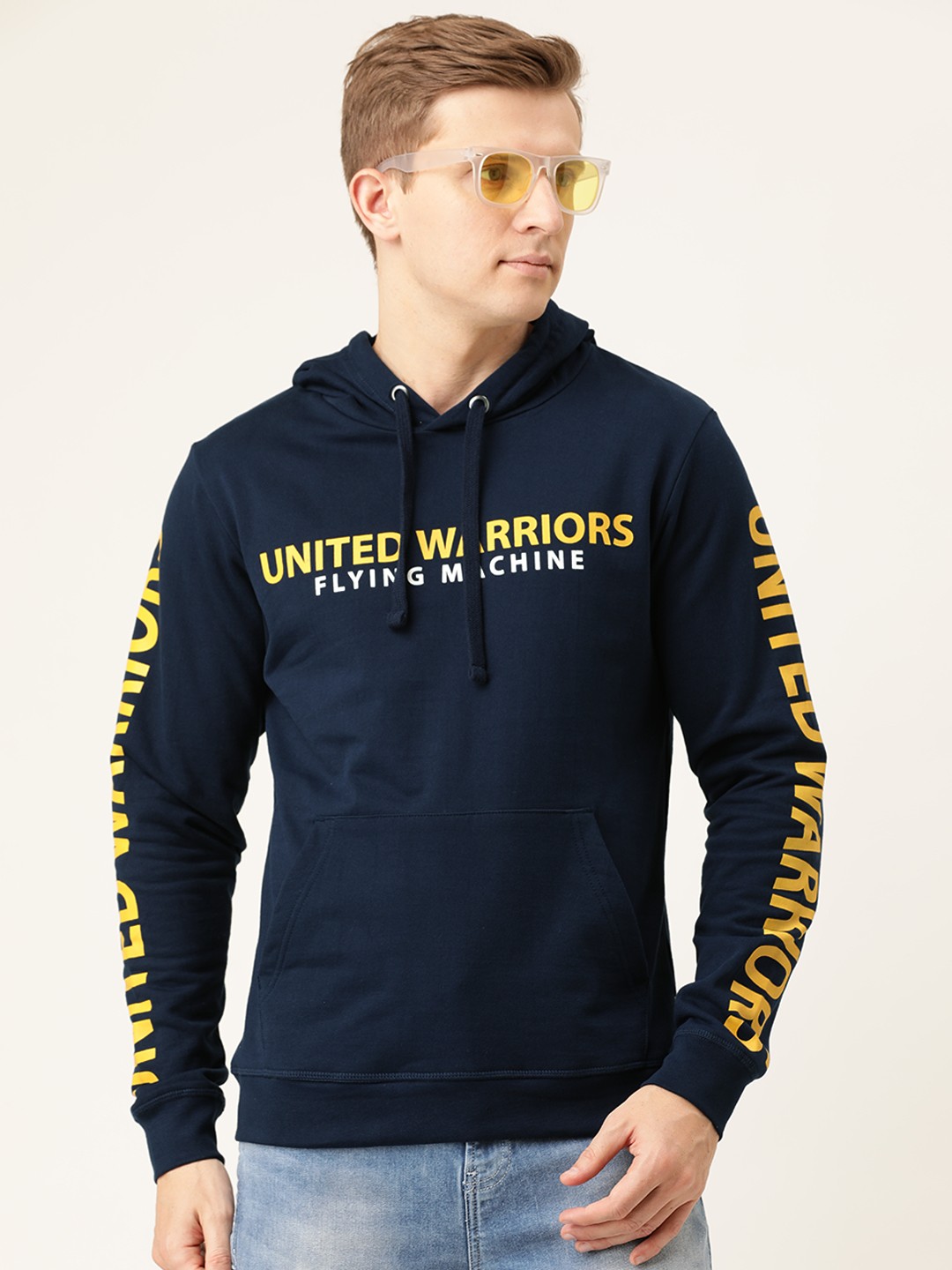 

Flying Machine Men Navy Blue Printed Hooded Pullover Sweatshirt