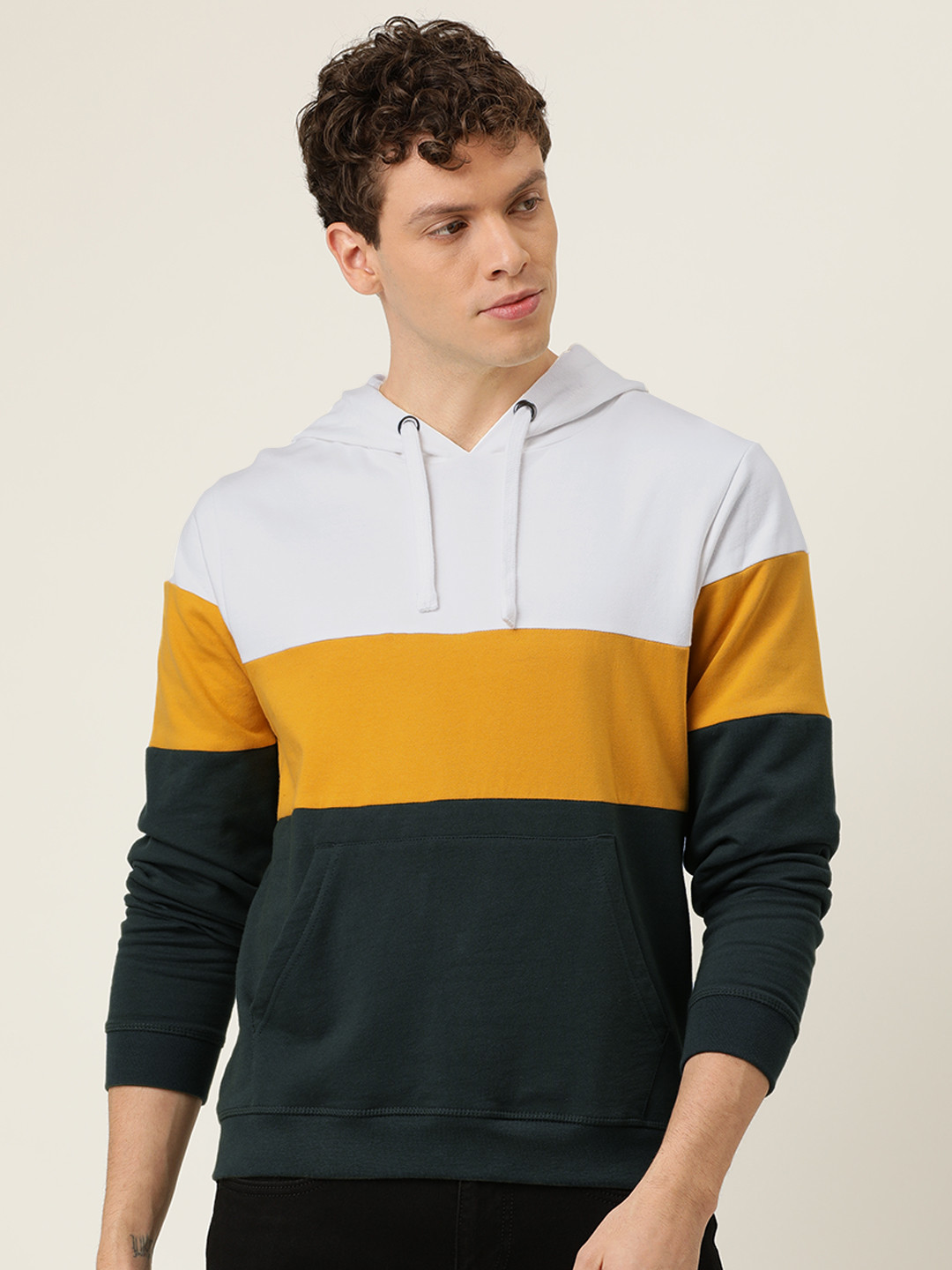 

Flying Machine Men Grey & White Colourblocked Hooded Sweatshirt