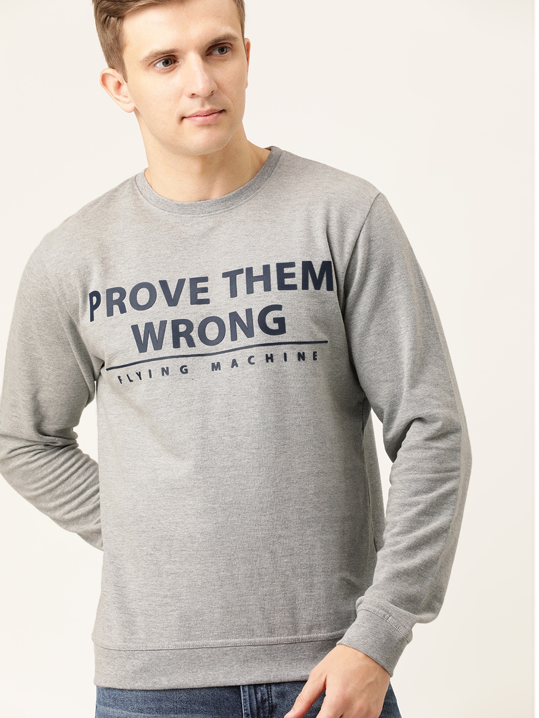 

Flying Machine Men Grey Melange & Blue Printed Sweatshirt