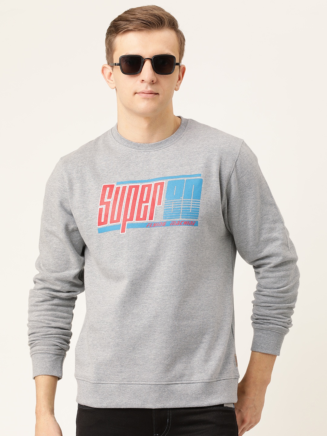 

Flying Machine Men Grey Melange Printed Pullover Sweatshirt