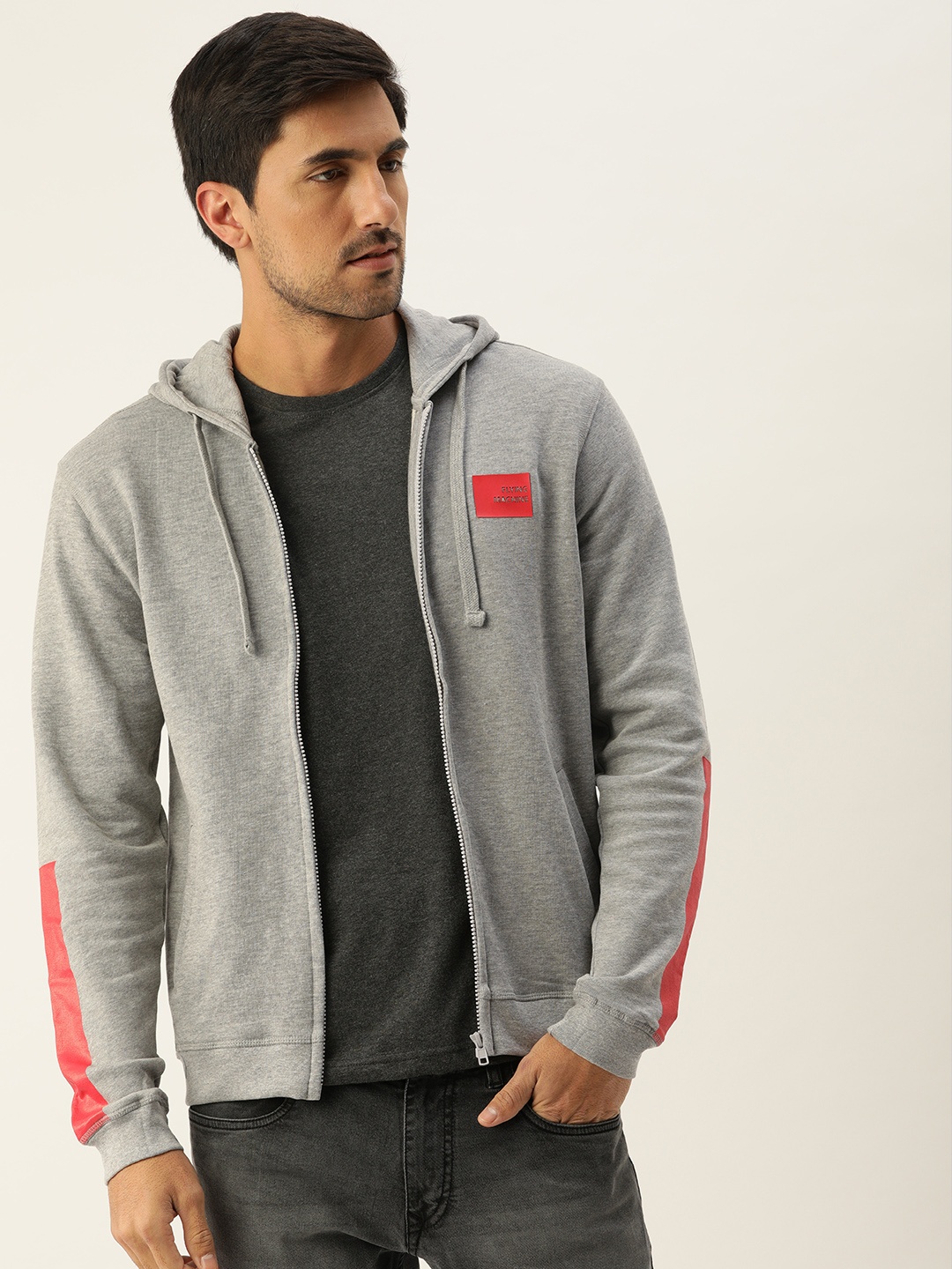 

Flying Machine Men Grey Solid Hooded Sweatshirt with Print Detail