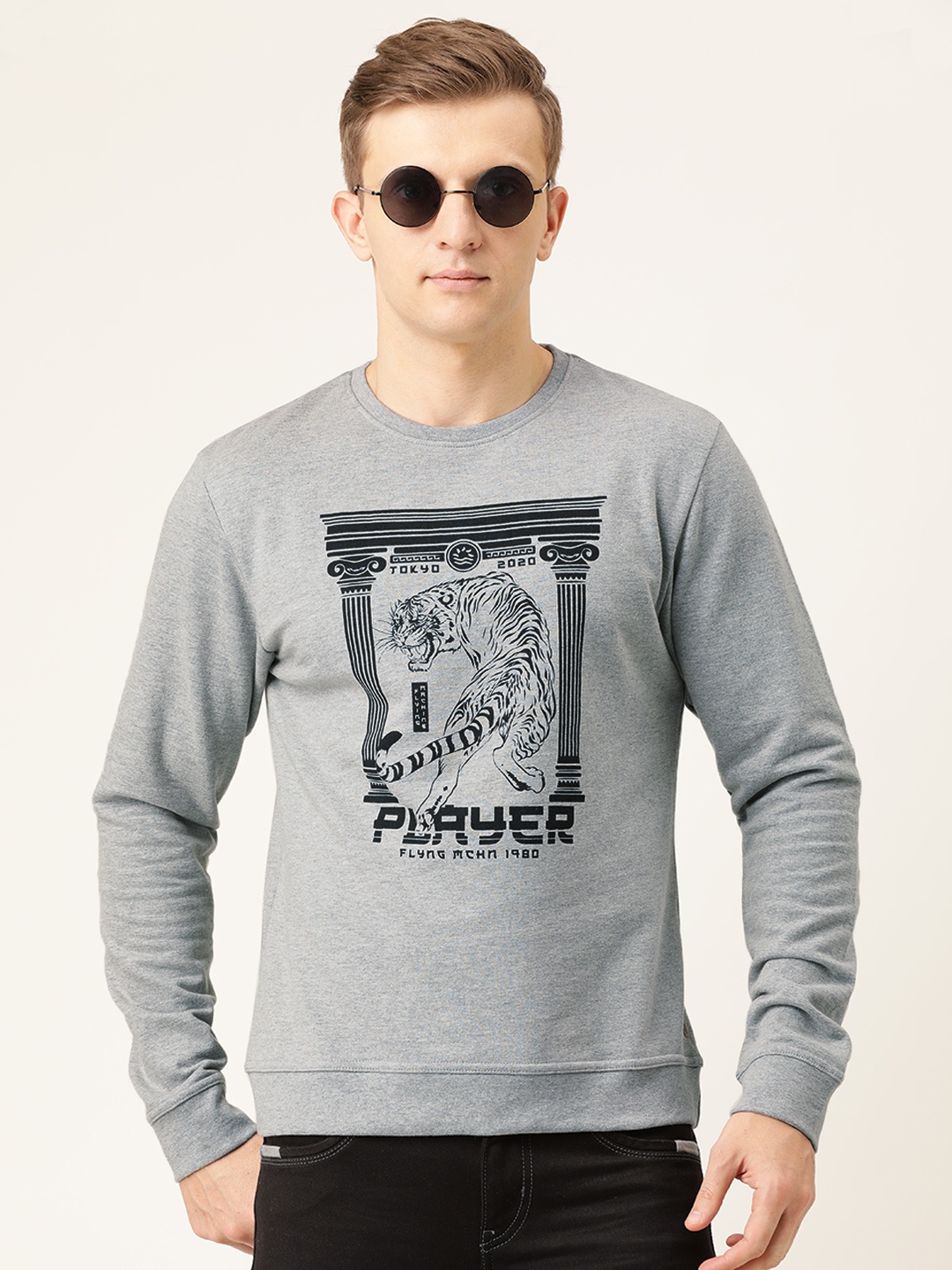 

Flying Machine Men Grey Melange Printed Pullover Sweatshirt
