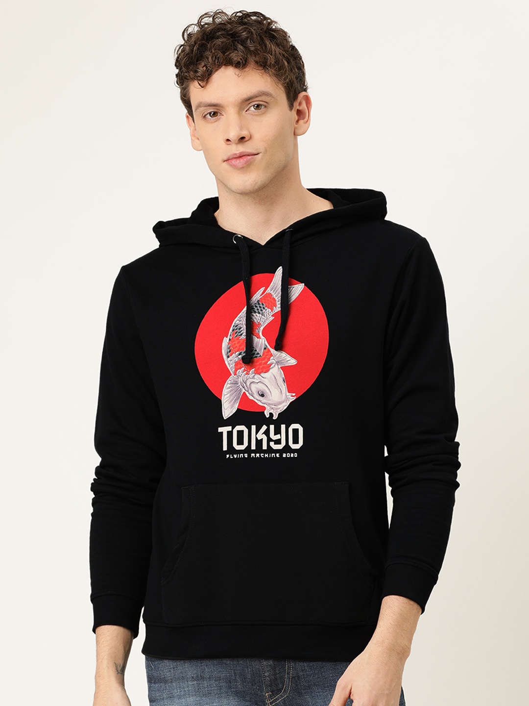 

Flying Machine Men Black Printed Hooded Sweatshirt