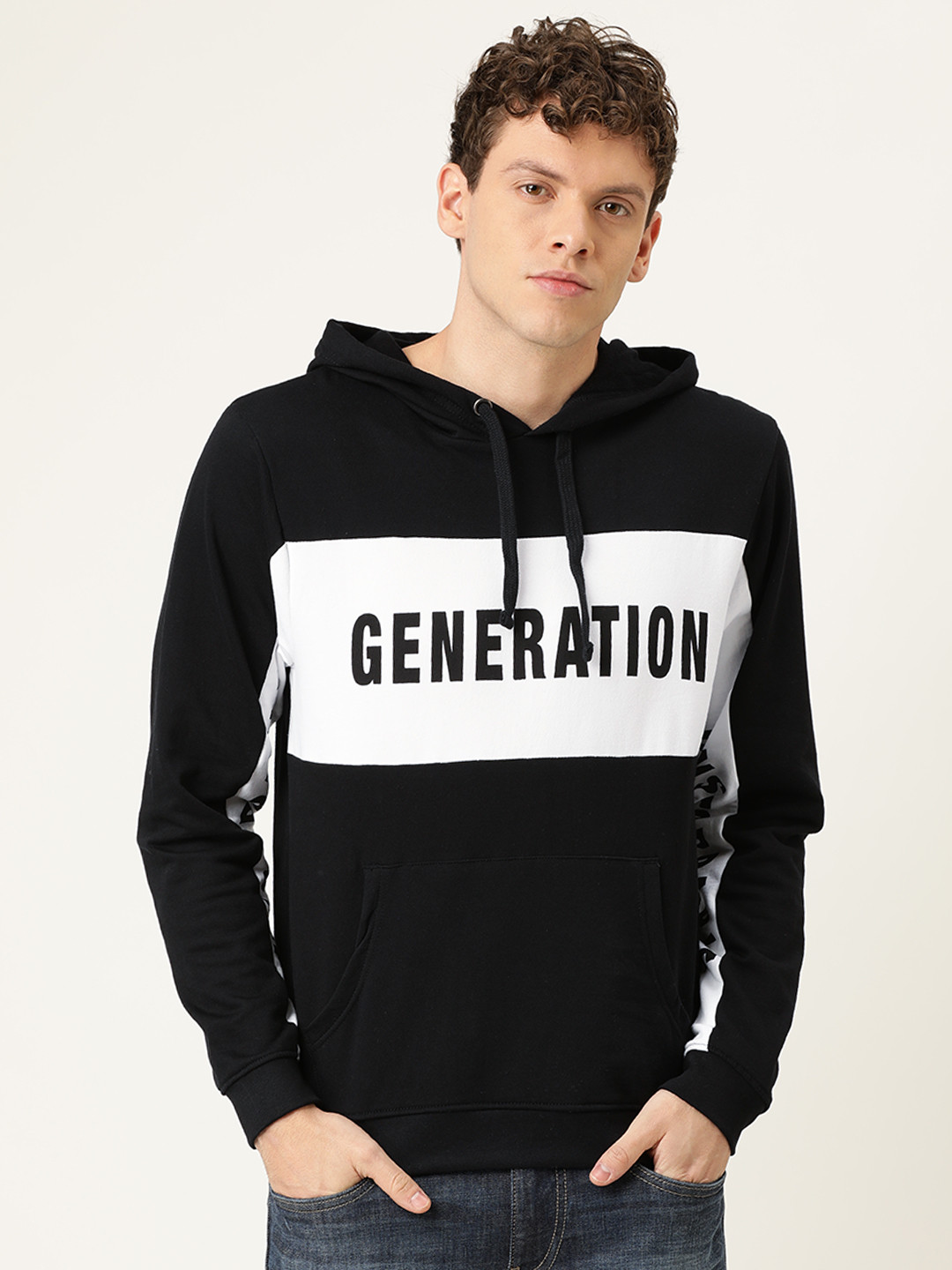 

Flying Machine Men Black & White Printed Hooded Sweatshirt