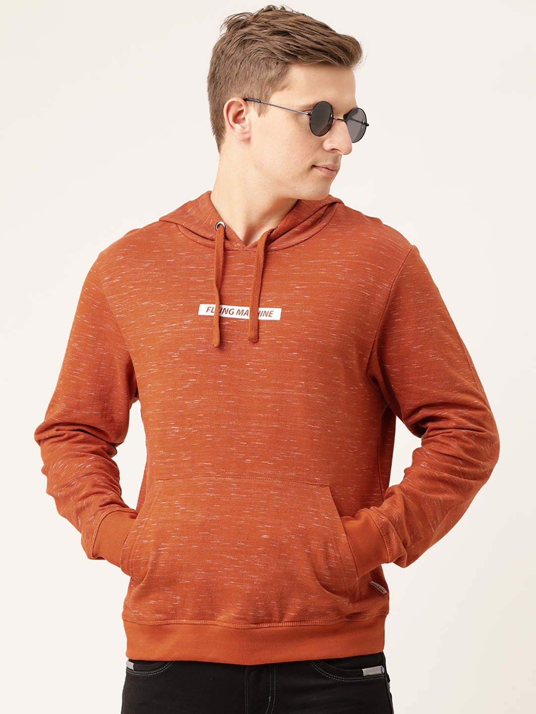

Flying Machine Men Rust Orange Solid Hooded Pullover Sweatshirt with Printed Detail