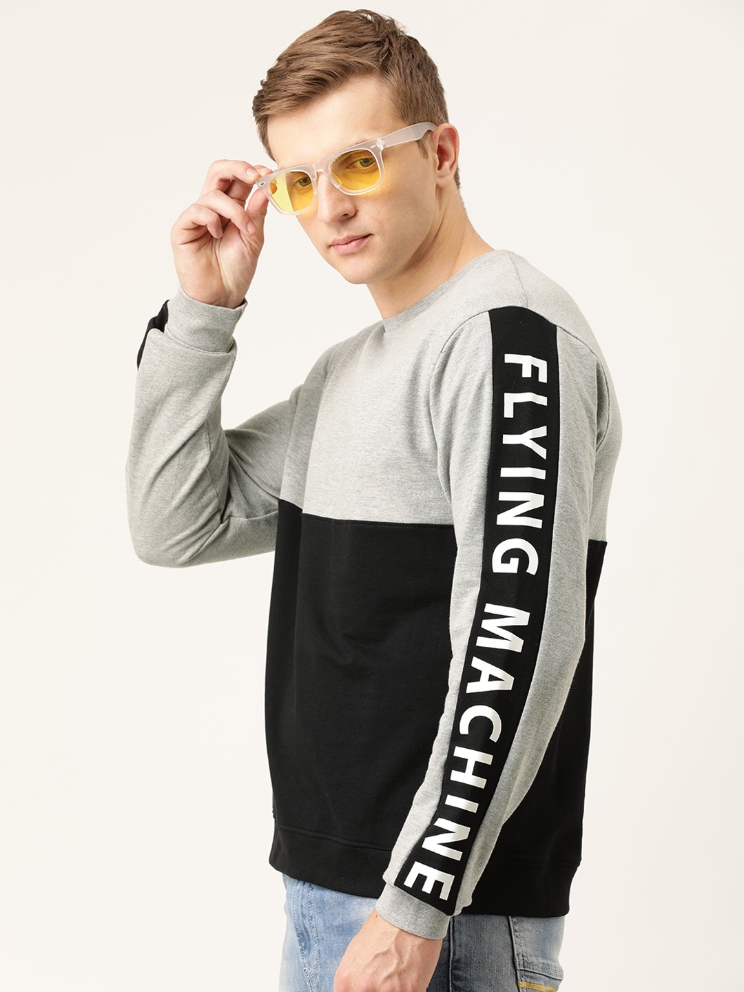

Flying Machine Men Grey & Black Colourblocked Pullover Sweatshirt With Printed Sleeves