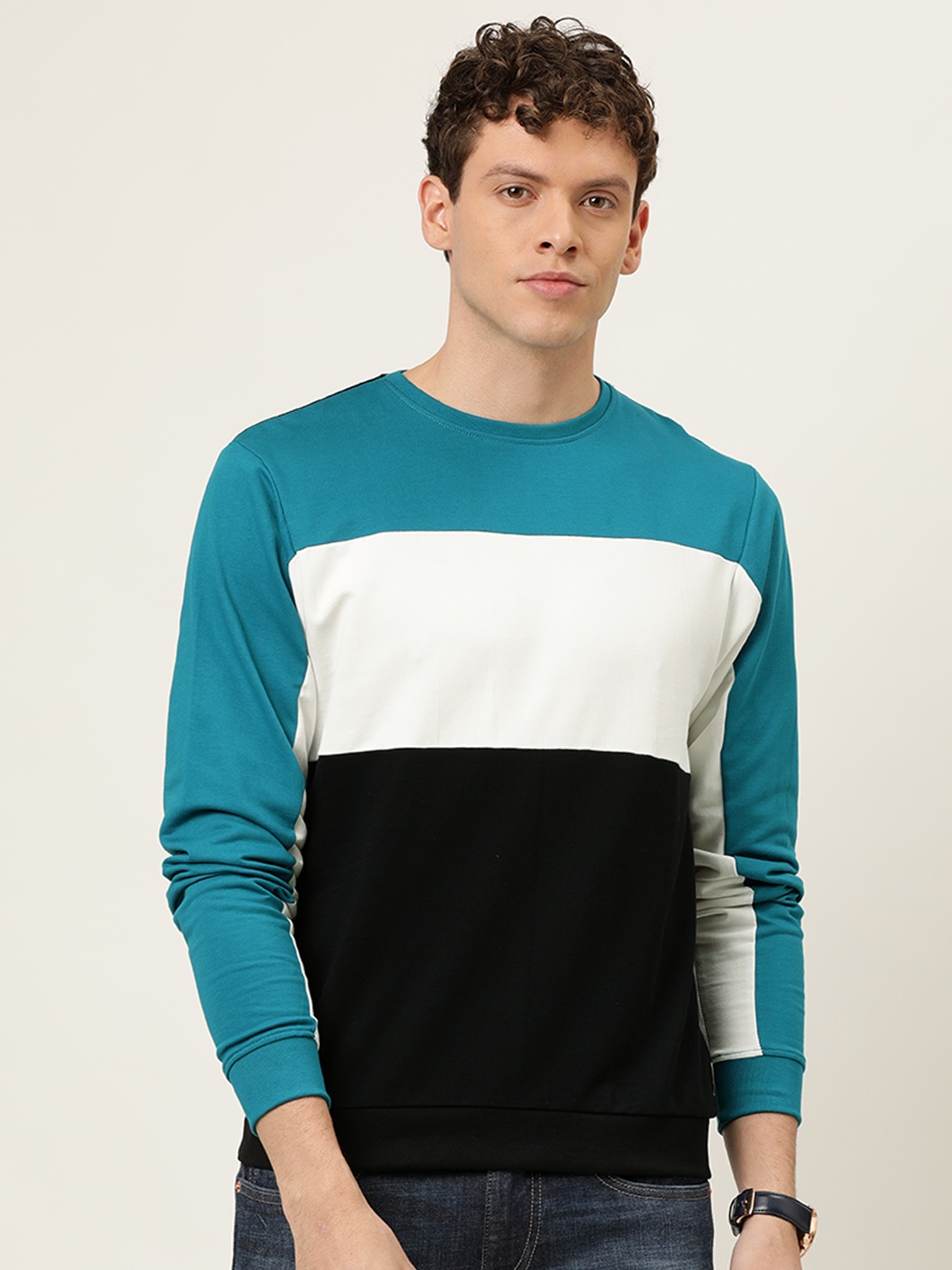 

Flying Machine Men Teal Blue & White Colourblocked Sweatshirt