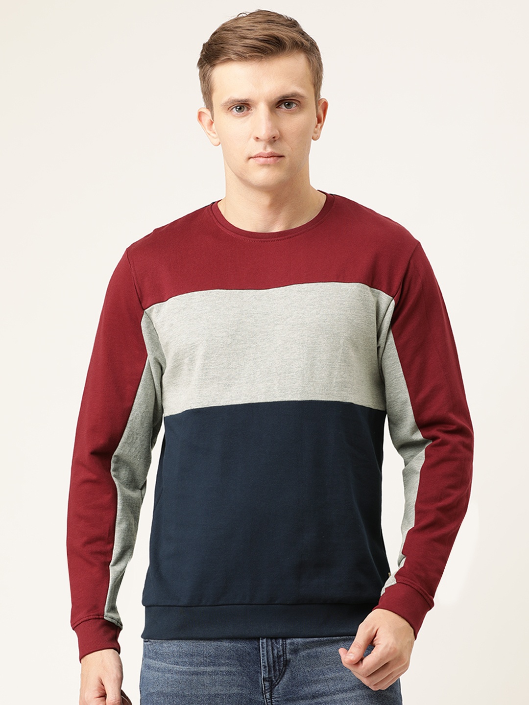 

Flying Machine Men Maroon & Navy Blue Colourblocked Sweatshirt
