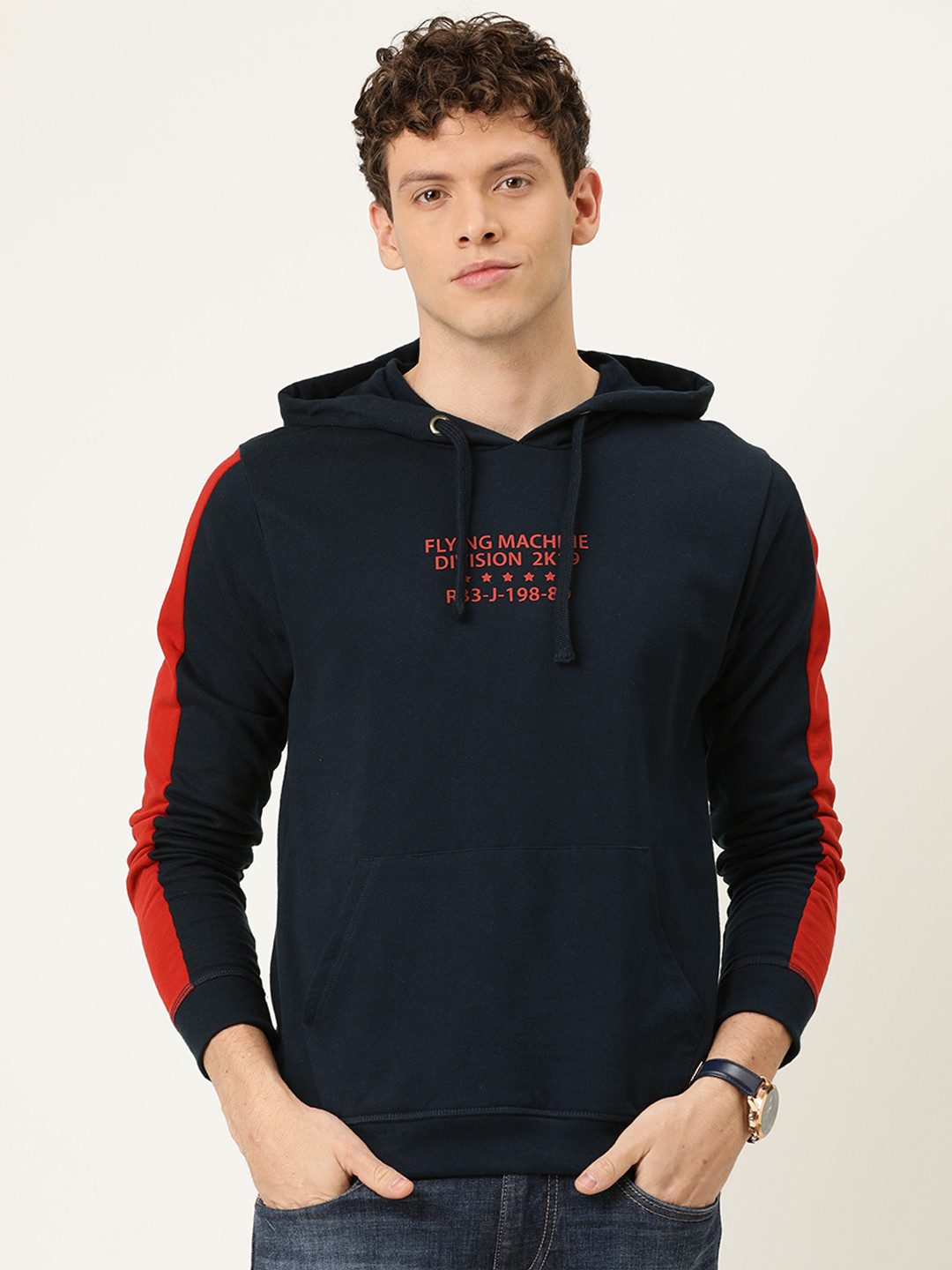 

Flying Machine Men Navy Blue & Red Printed Hooded Sweatshirt