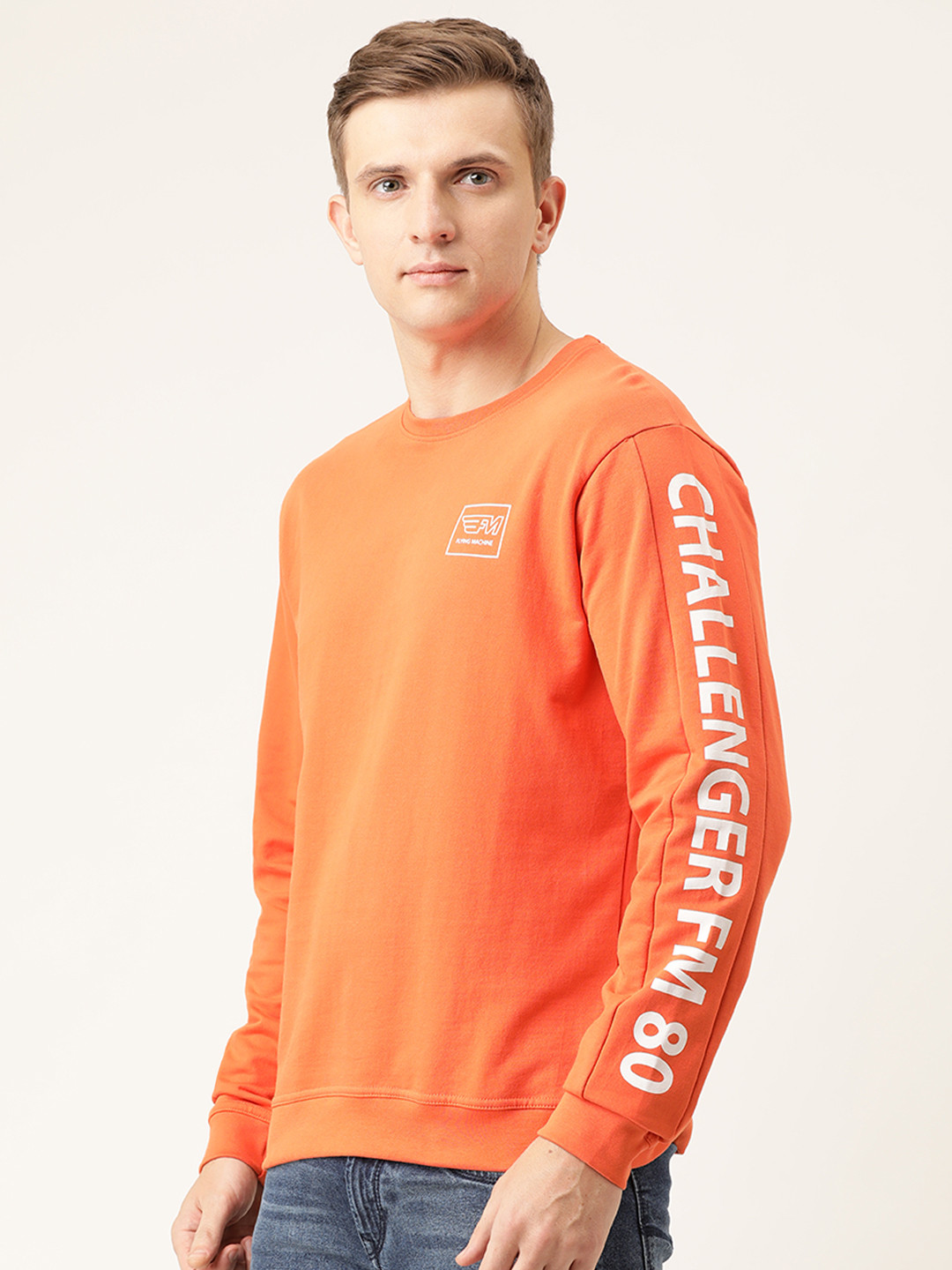 

Flying Machine Men Orange Solid Sweatshirt with Printed Sleeve