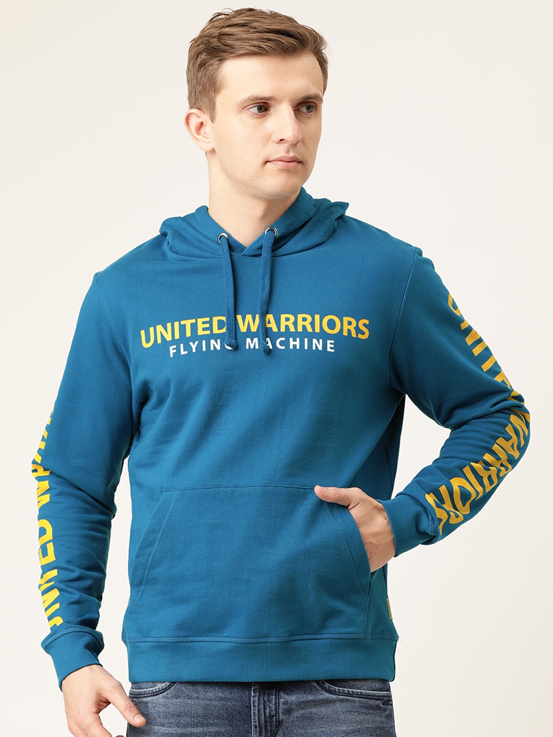 

Flying Machine Men Teal Blue Printed Hooded Sweatshirt