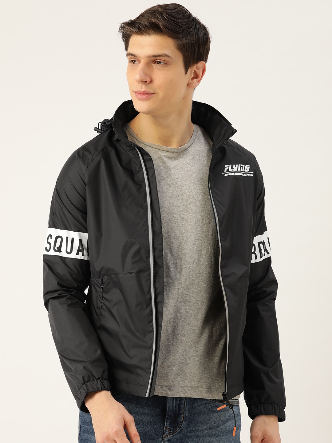 

Flying Machine Men Black Solid Lightweight Hooded Tailored Jacket