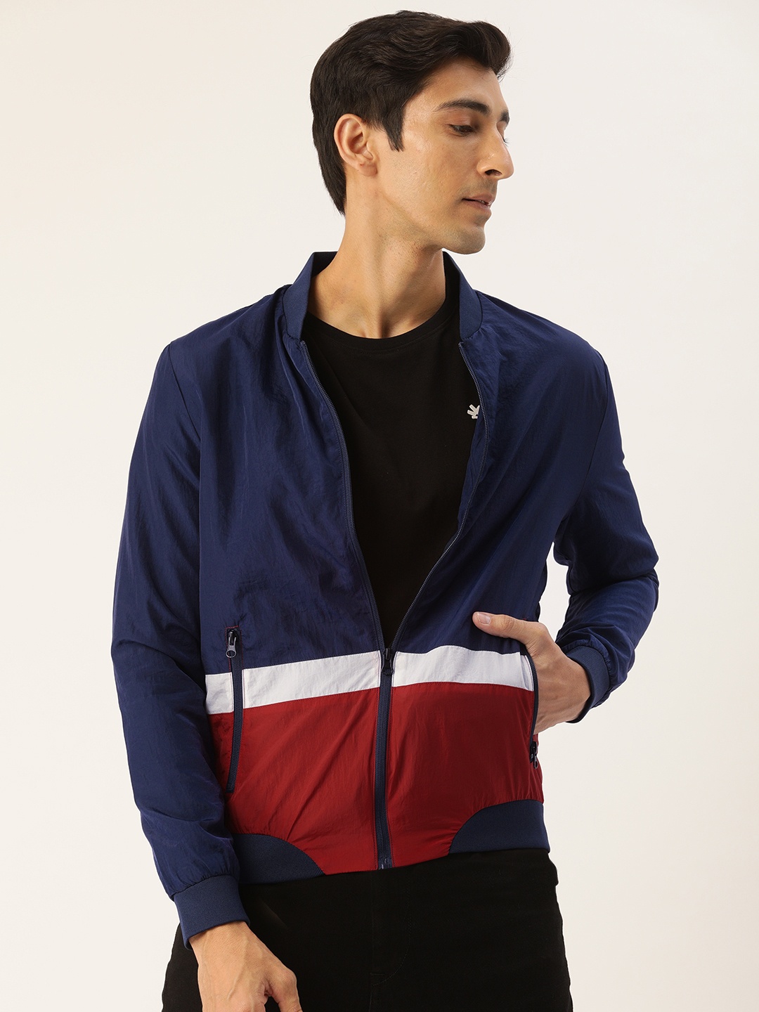 

Flying Machine Men Navy Blue & Red Colourblocked Bomber Jacket