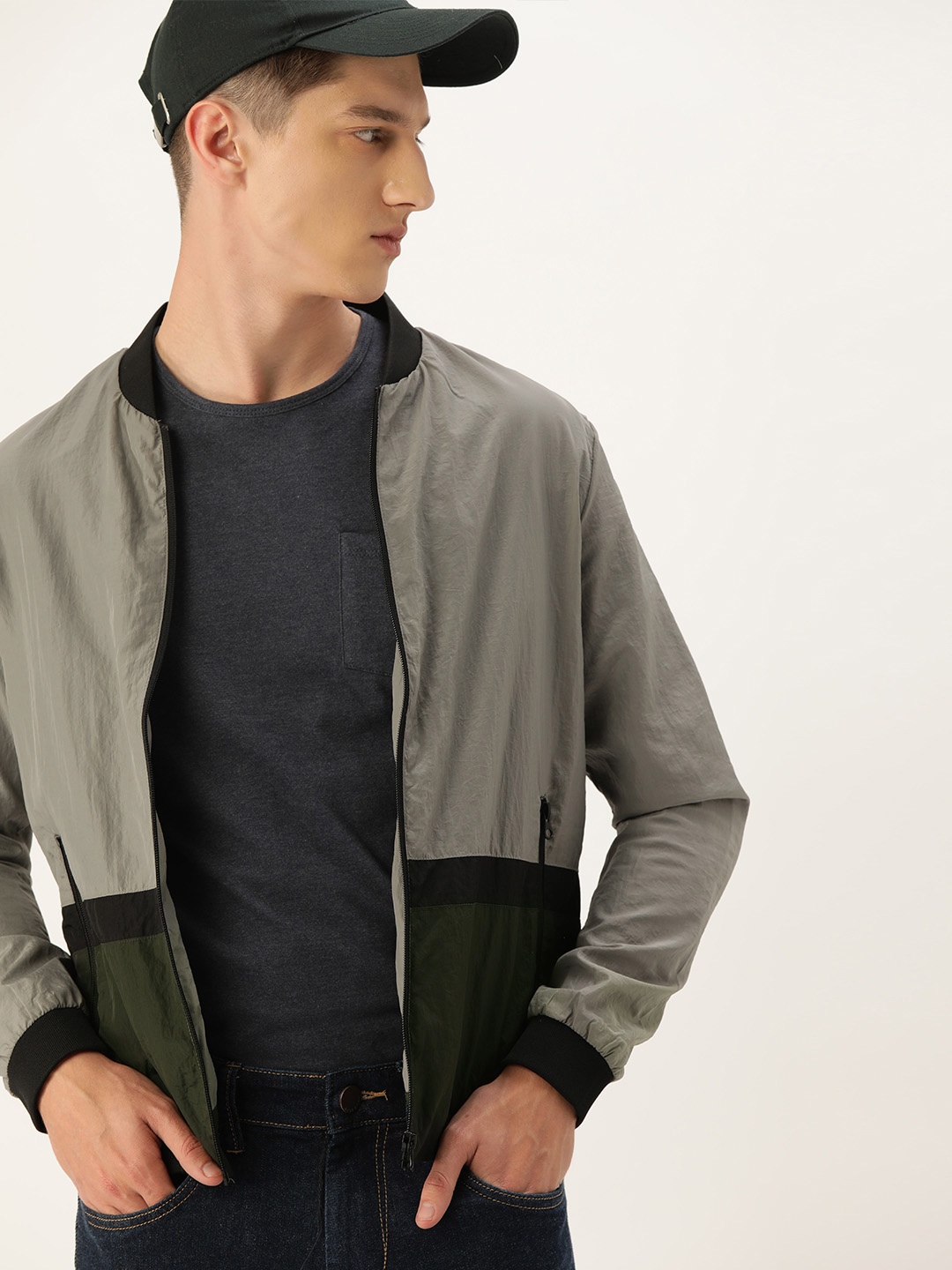 

Flying Machine Men Grey Colourblocked Lightweight Bomber