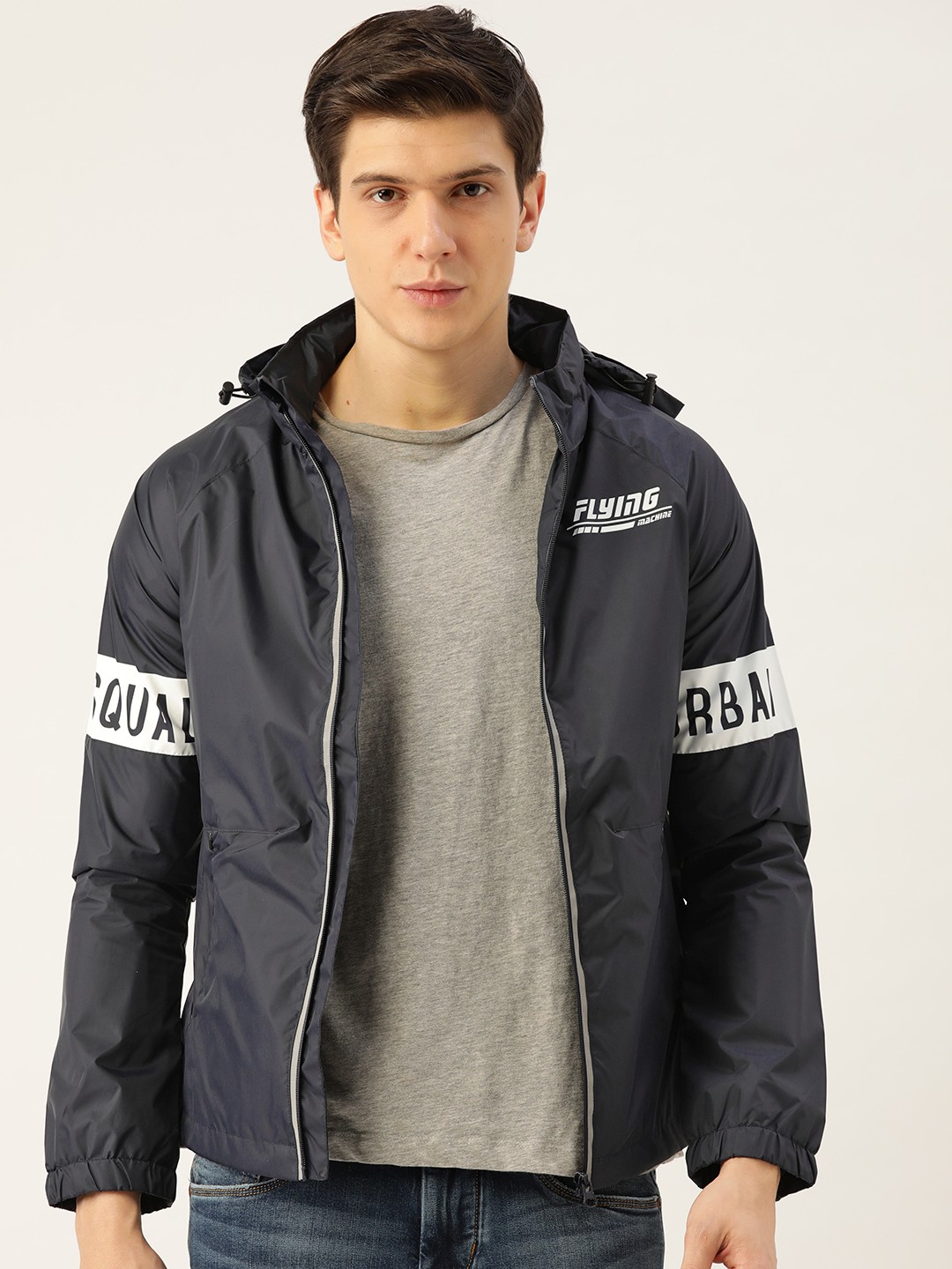 

Flying Machine Men Navy Blue Solid Hooded Lightweight Tailored Jacket