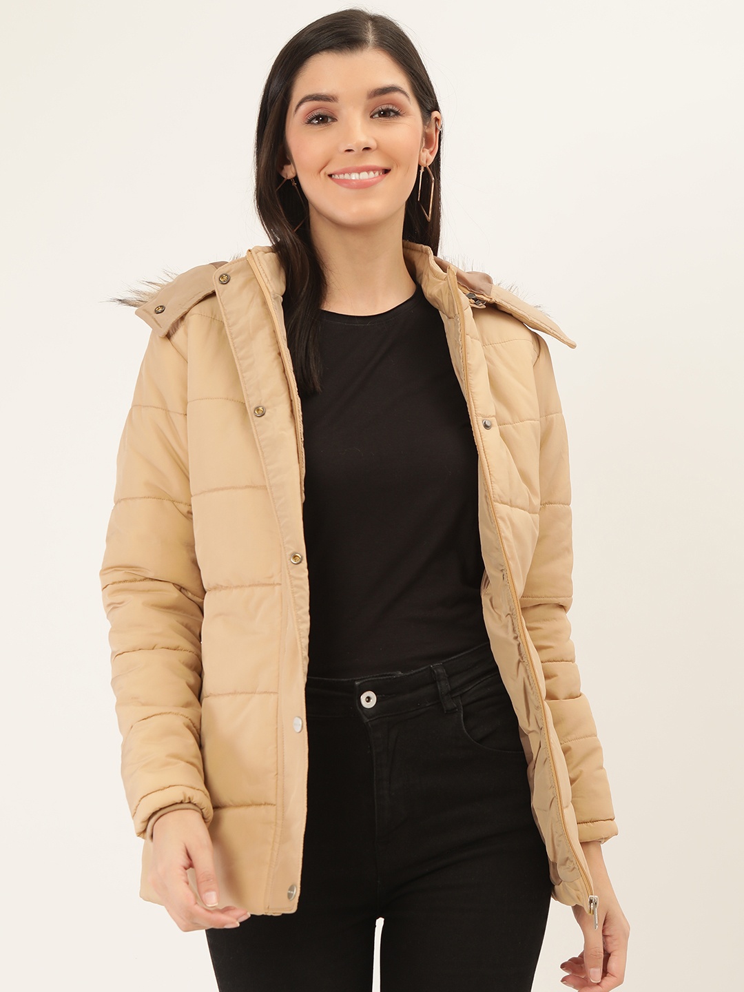 

Okane Women Beige Solid Parka Jacket with Detachable Hood