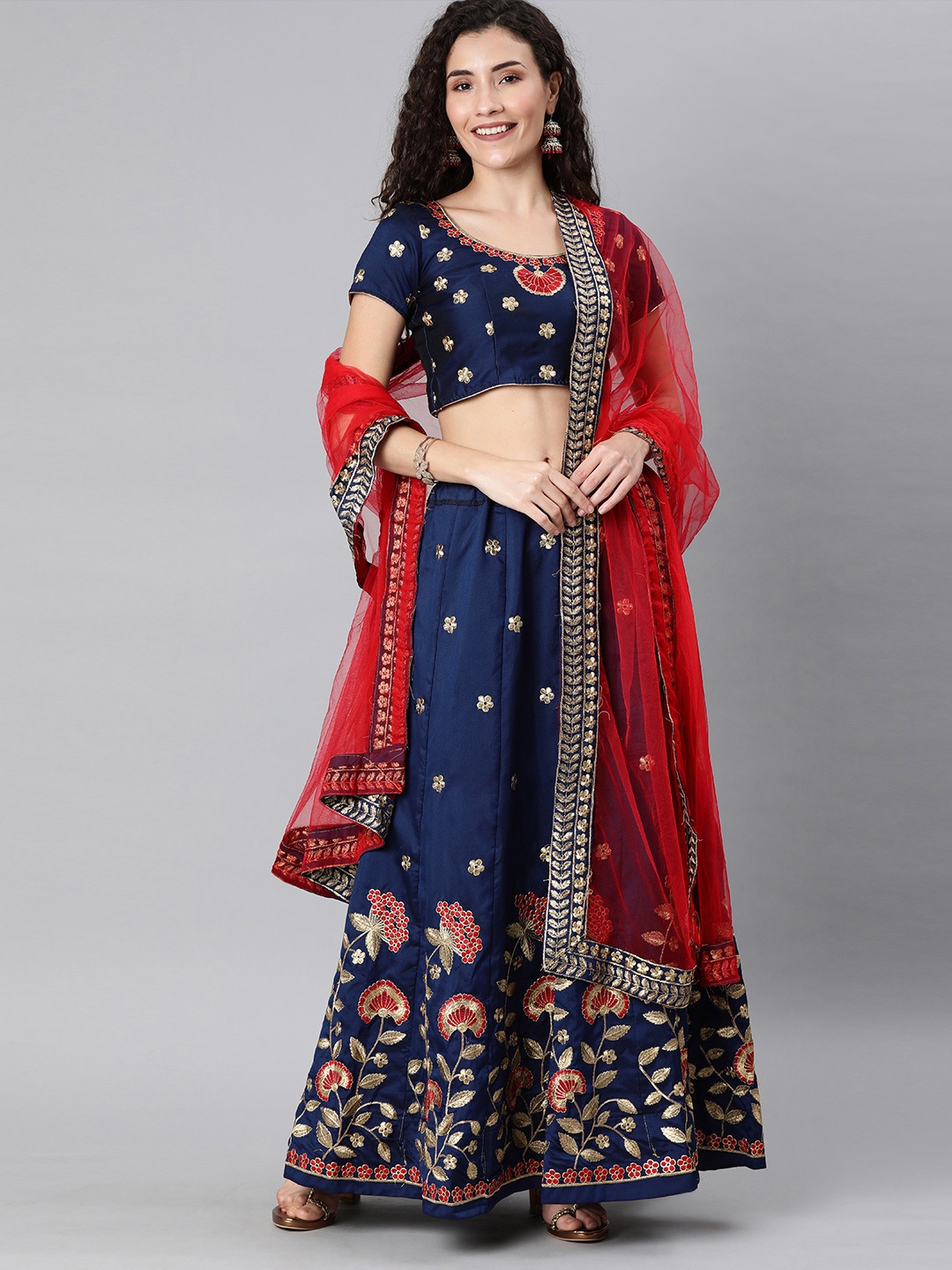 

Mitera Blue & Red Embroidered Semi-Stitched Lehenga & Unstitched Choli with Dupatta