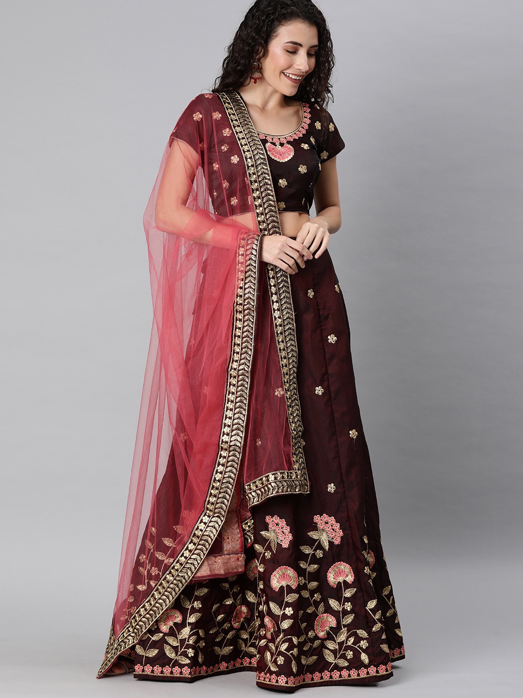 

Mitera Maroon Embroidered Semi-Stitched Lehenga & Unstitched Blouse with Dupatta
