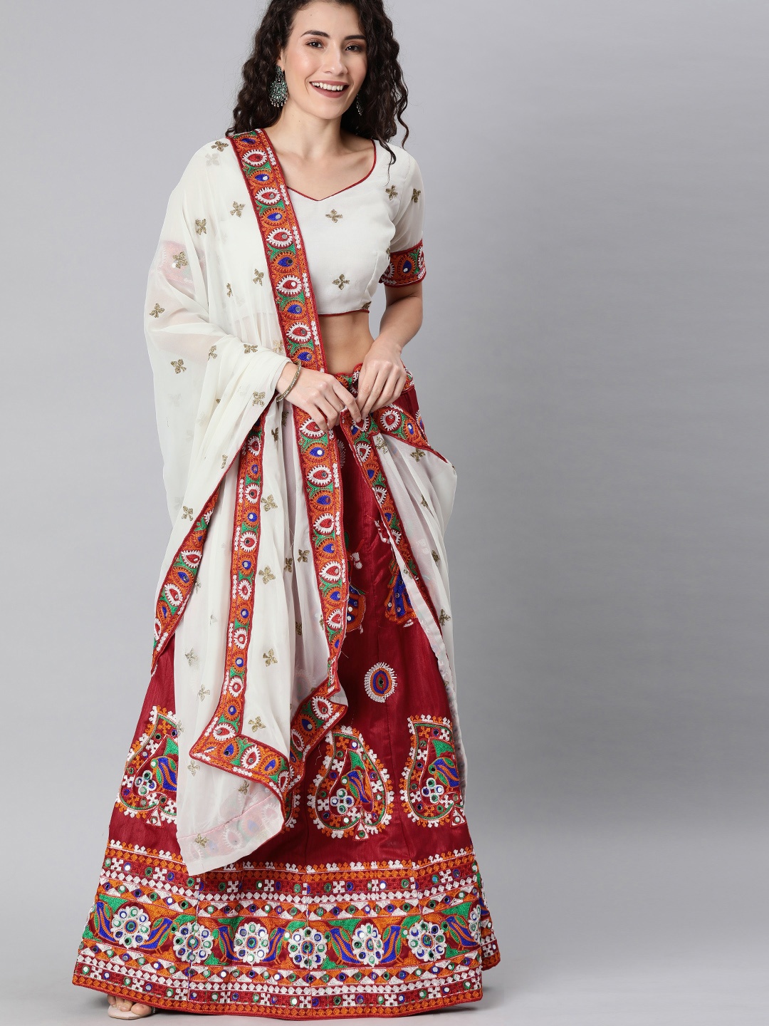 

Mitera Maroon & White Embroidered Semi-Stitched Lehenga & Unstitched Blouse with Dupatta