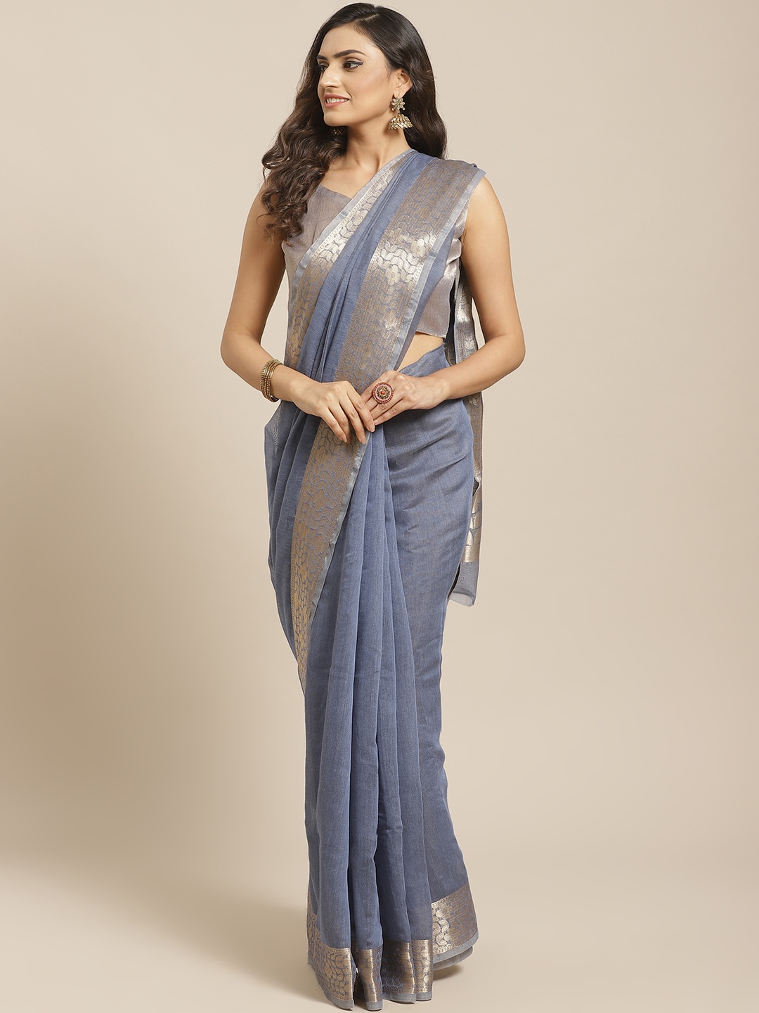 

Saree mall Blue Solid Linen Blend Saree