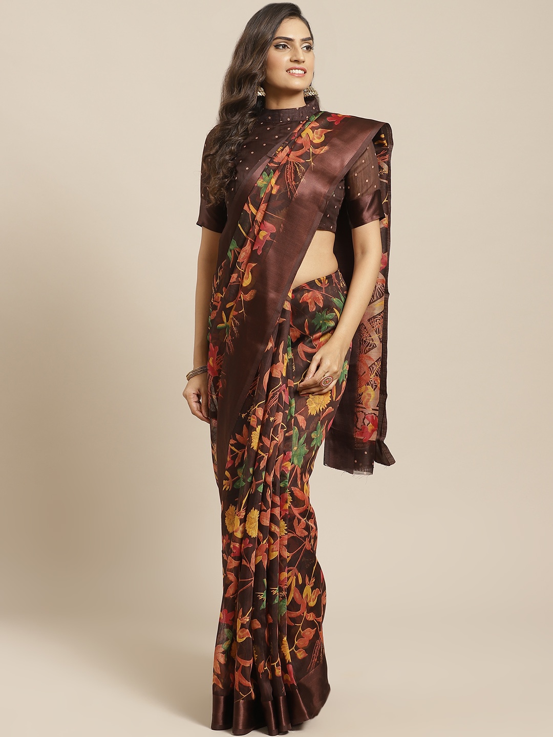 

Saree mall Brown Floral Printed Silk Cotton Saree