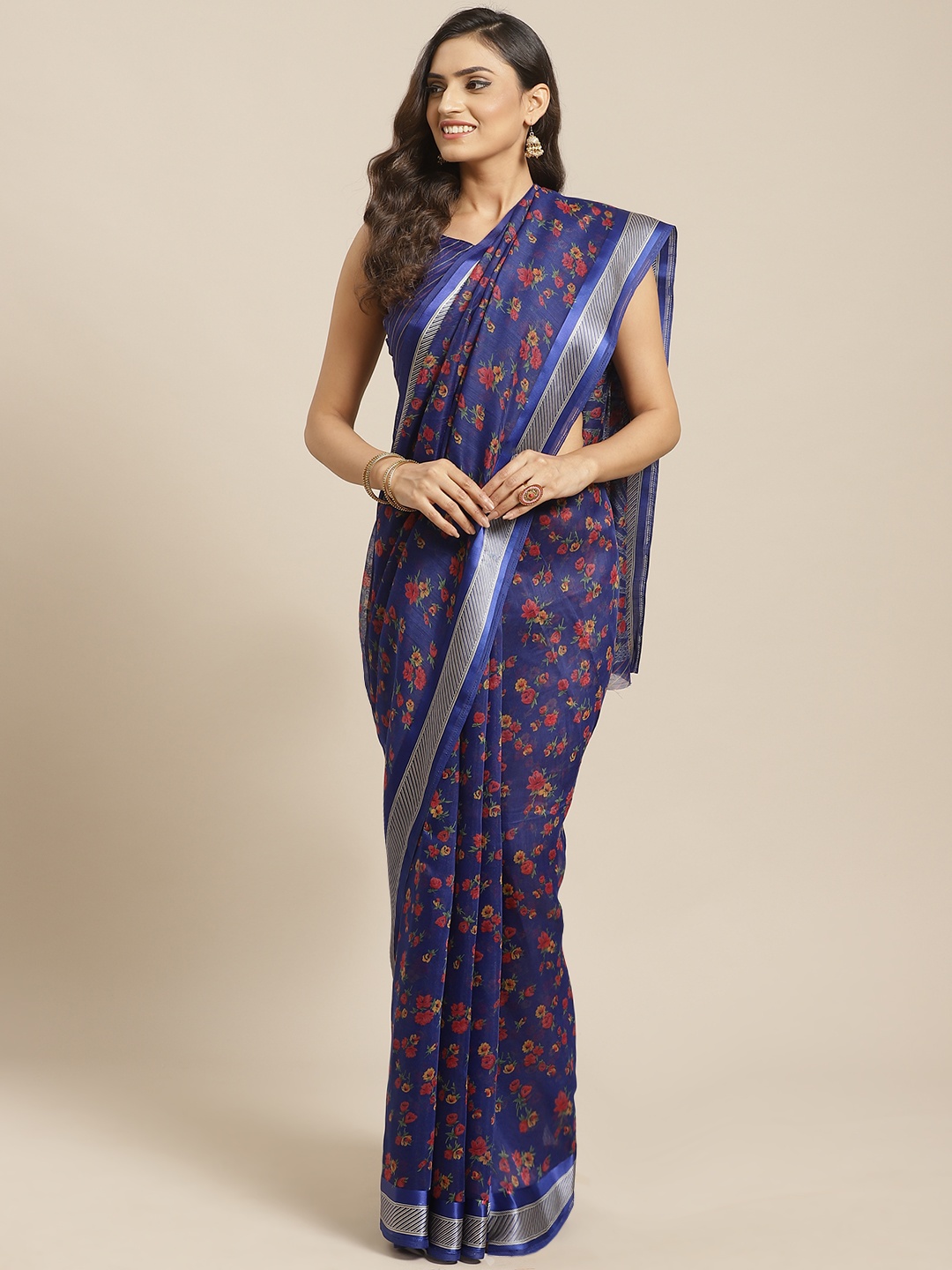 

Saree mall Blue & Red Printed Silk Cotton Saree