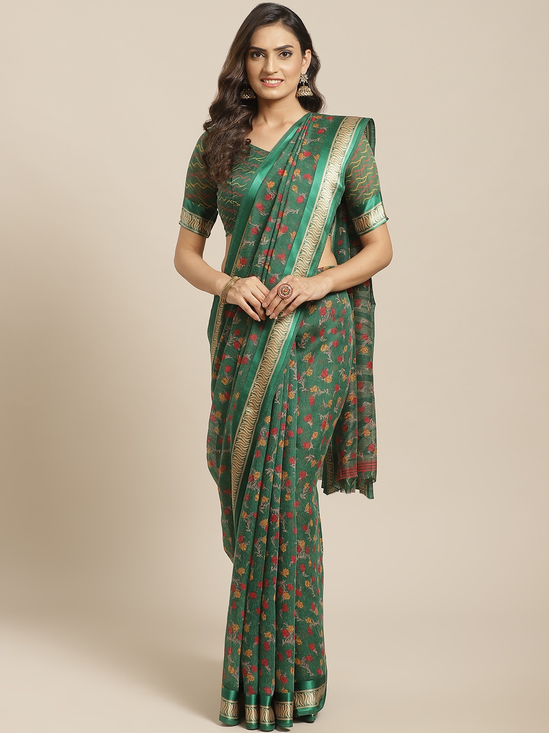 

Saree mall Green & Pink Printed Silk Cotton Saree