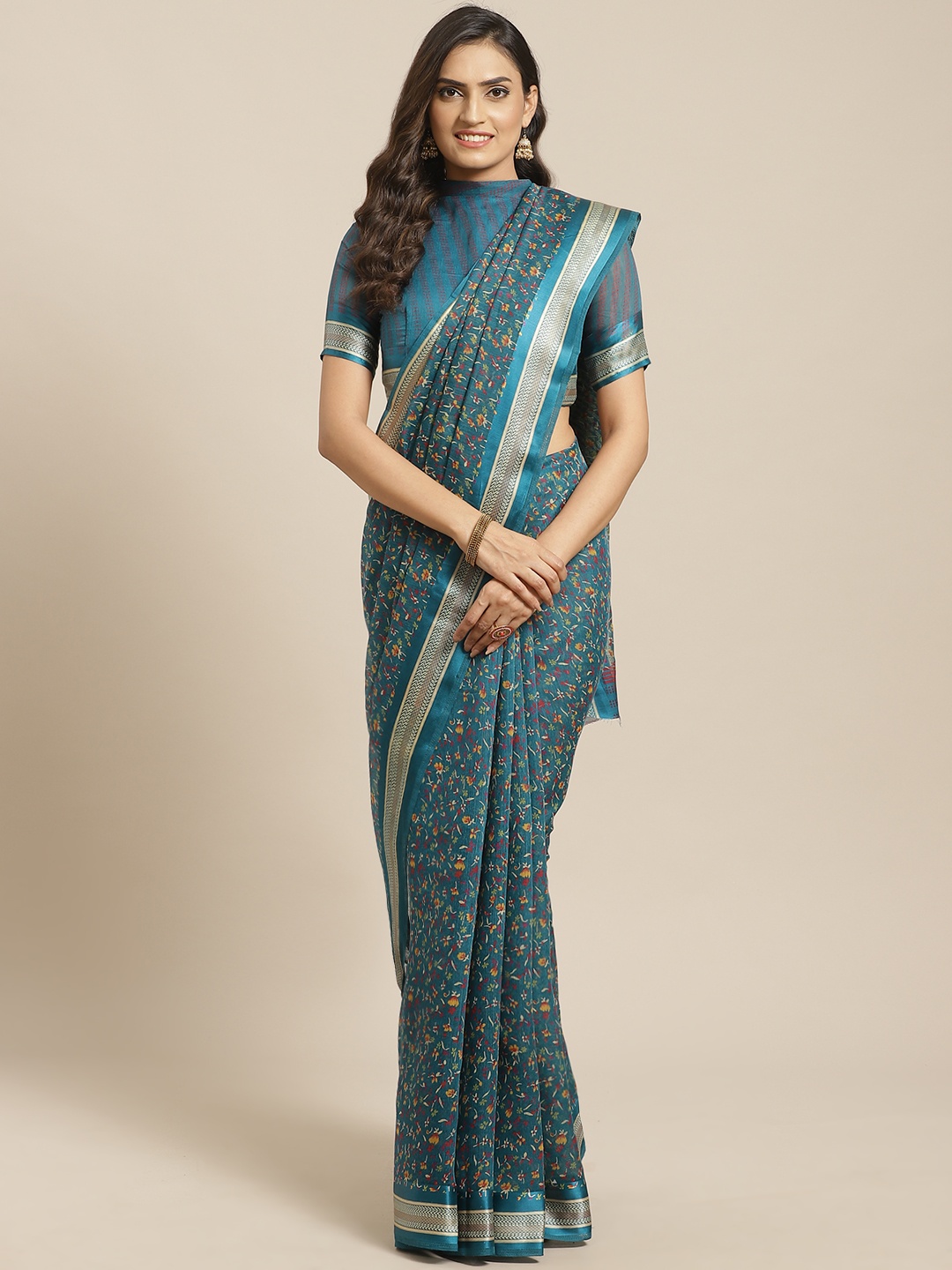 

Saree mall Teal Green & Red Floral Printed Silk Cotton Saree