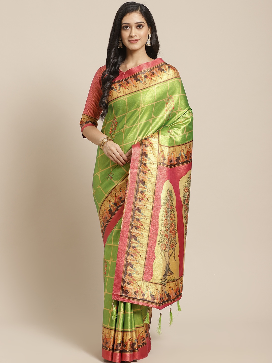 

Saree mall Green & Golden Checked Saree