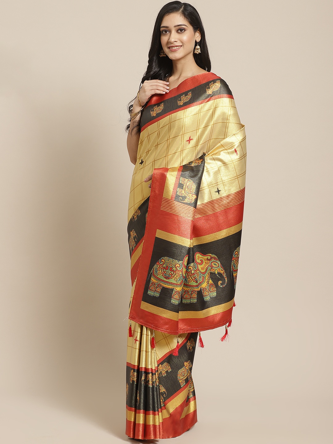 

Saree mall Beige & Black Checked Saree