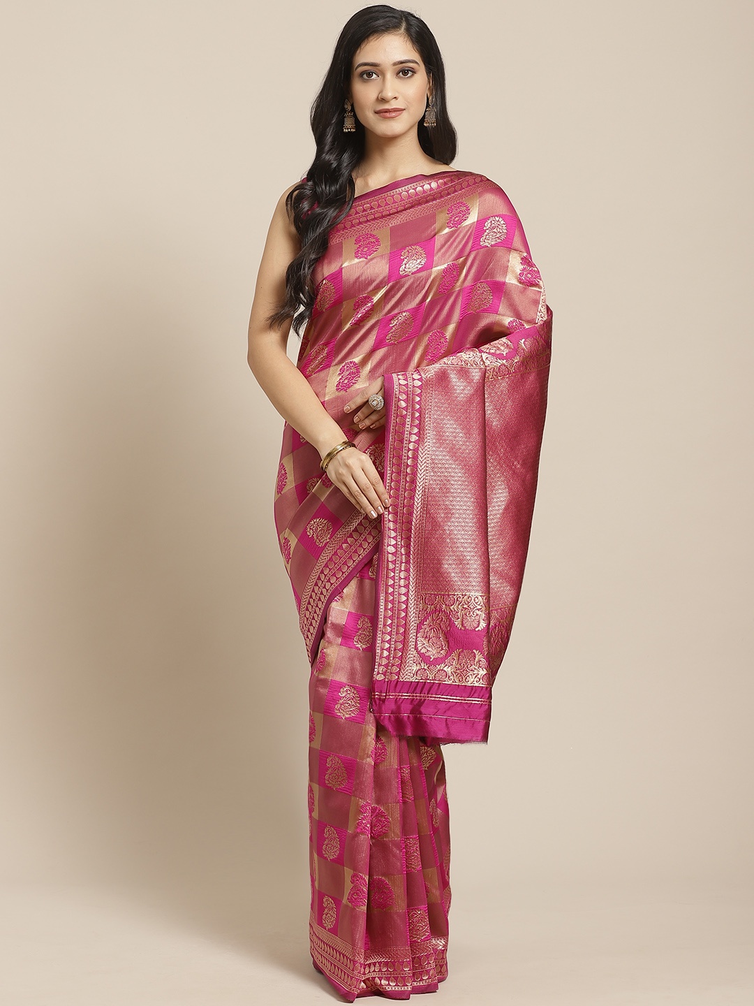 

Saree mall Pink & Golden Woven Design Banarasi Saree