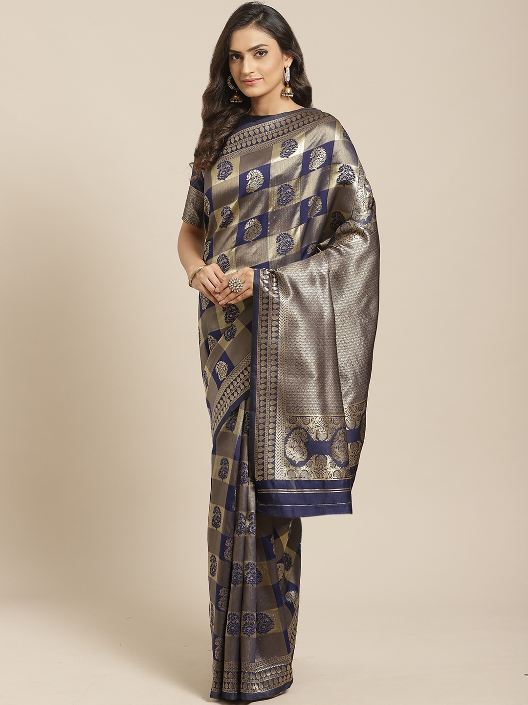 

Saree mall Navy Blue & Golden Woven Design Banarasi Saree