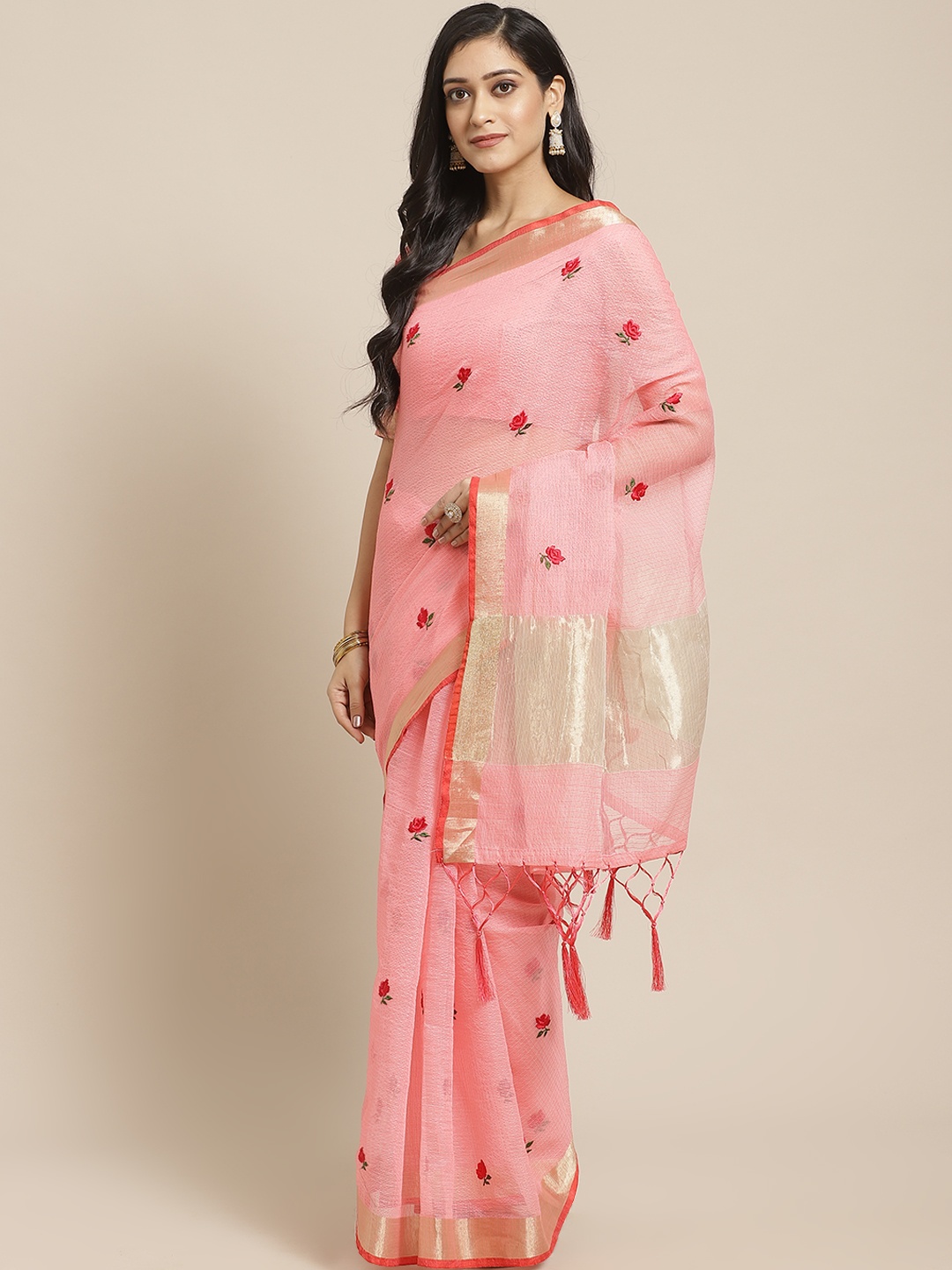 

Saree mall Peach-Coloured & Red Floral Embroidered Saree
