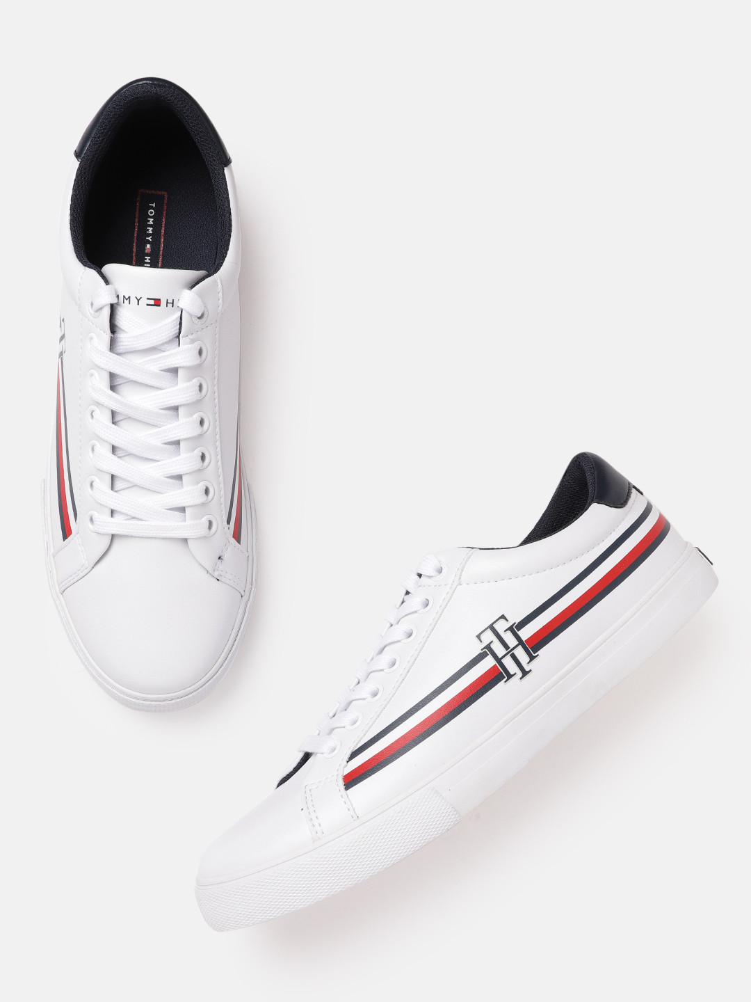 

Tommy Hilfiger Men White & Red Striped Sneakers