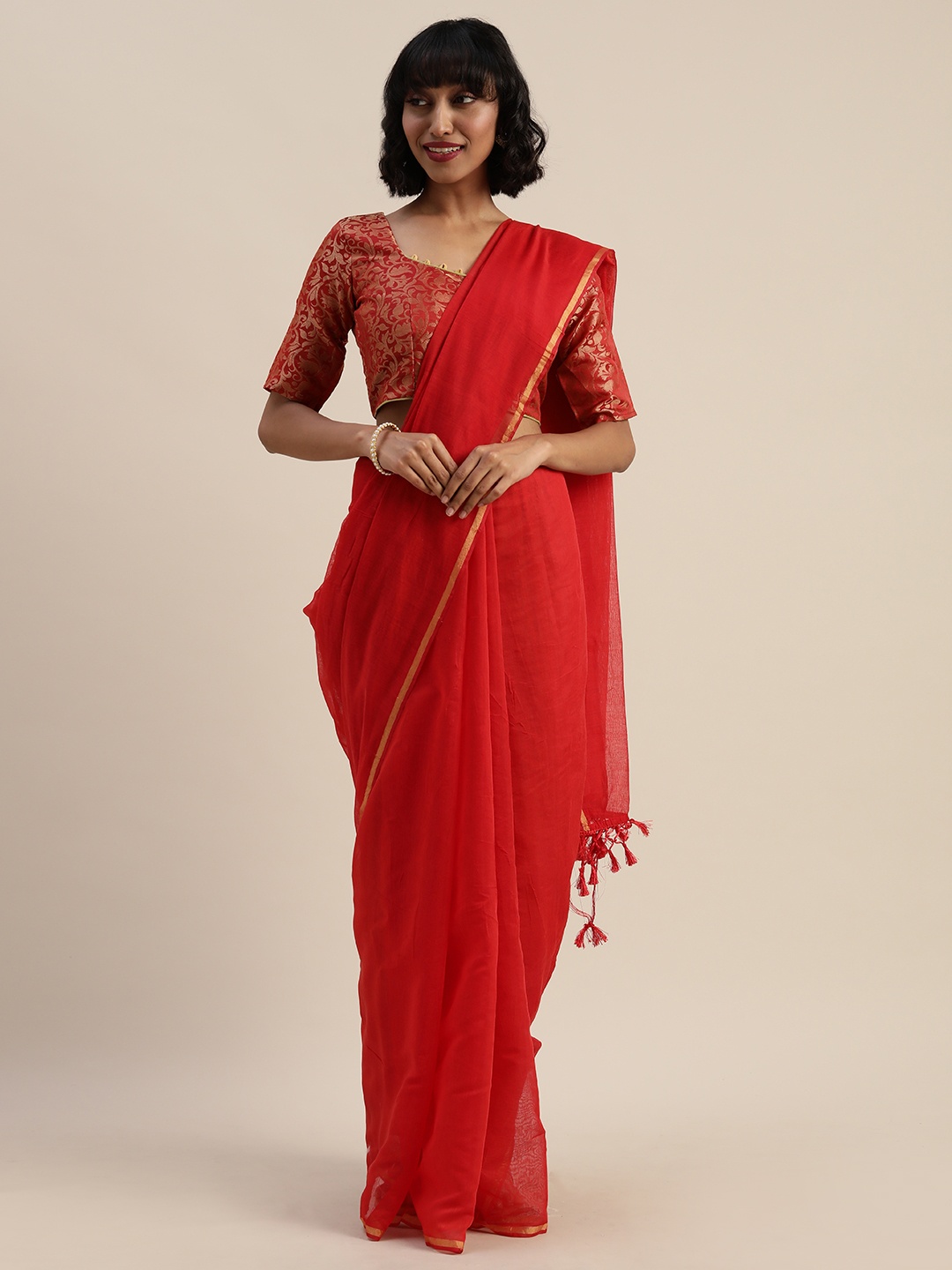 

Silk Bazar Red Silk Blend Solid Chanderi Saree