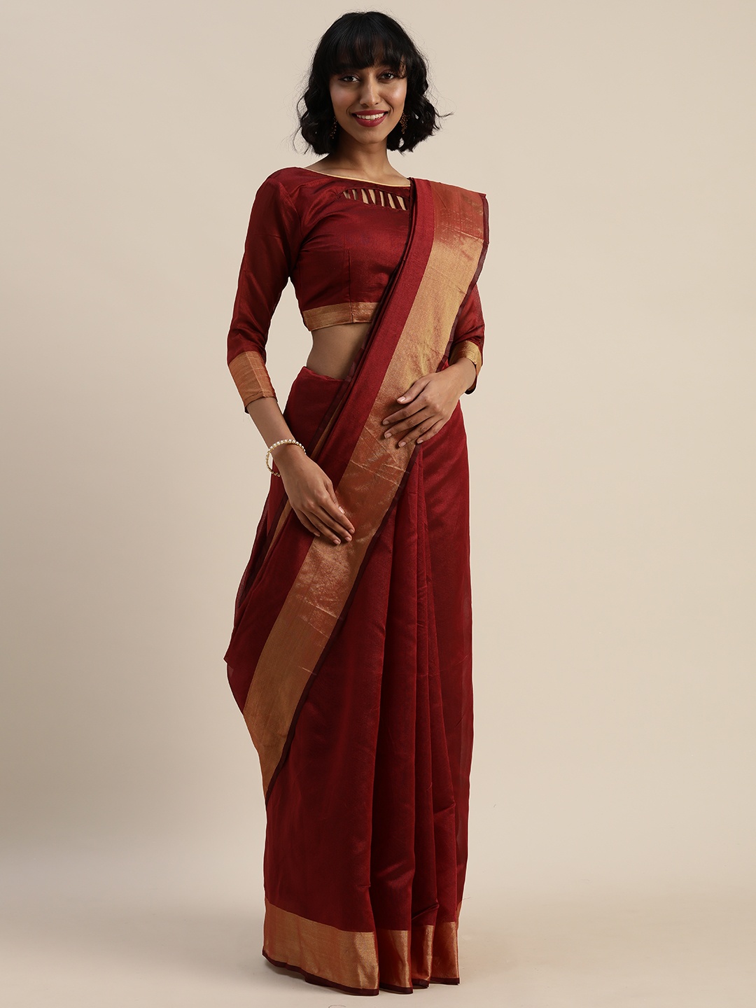 

Silk Bazar Maroon & Gold-Toned Silk Cotton Striped Saree
