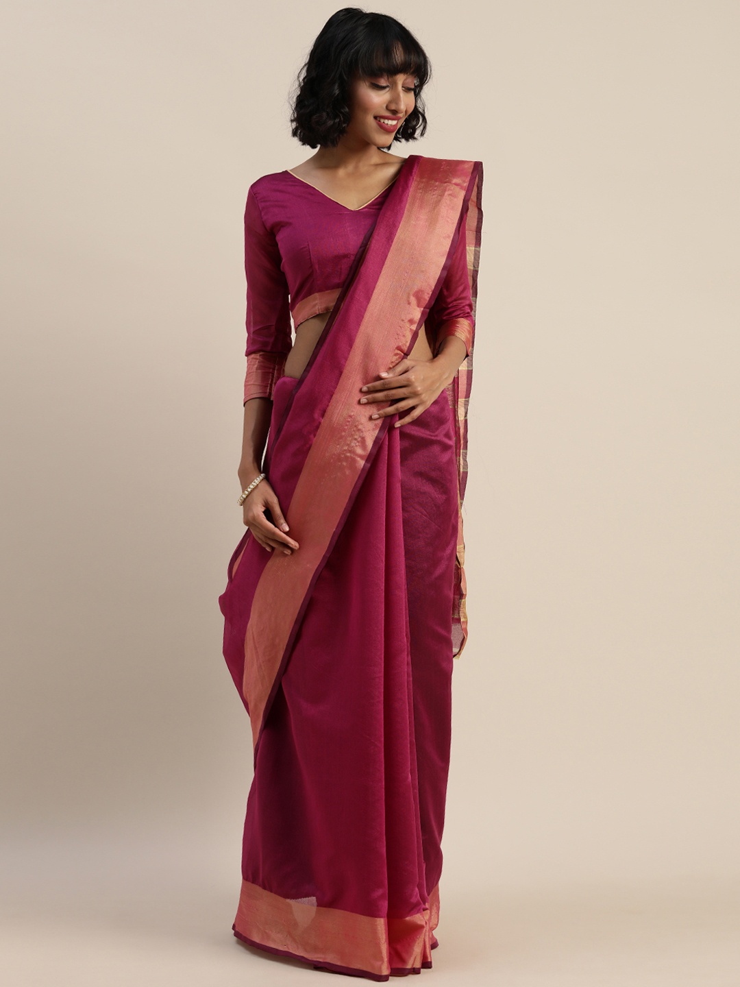 

Silk Bazar Magenta Pink Solid Silk Cotton Saree
