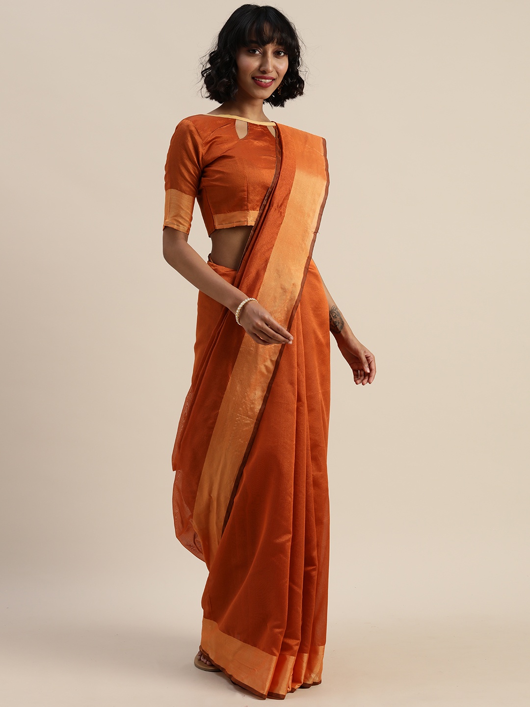 

Silk Bazar Orange & Gold-Toned Silk Cotton Striped Saree