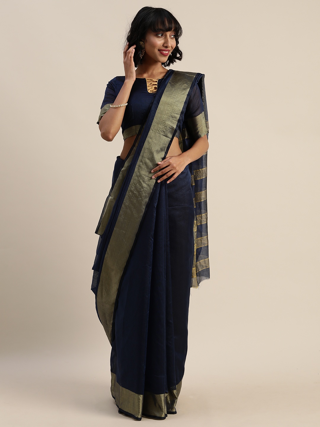 

Silk Bazar Navy Blue & Beige Silk Cotton Solid Saree