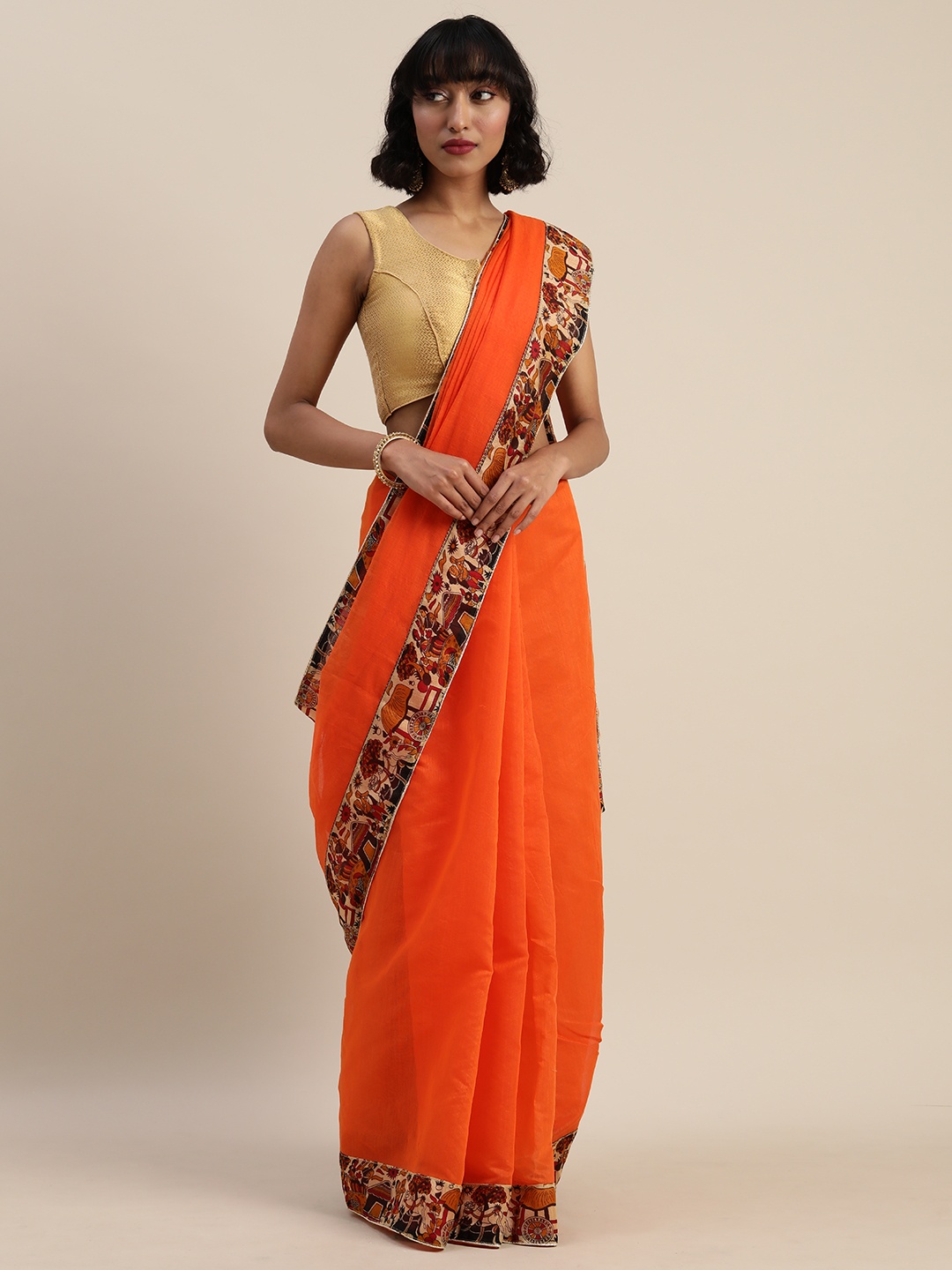 

Silk Bazar Orange Silk Blend Solid Bhagalpuri Saree