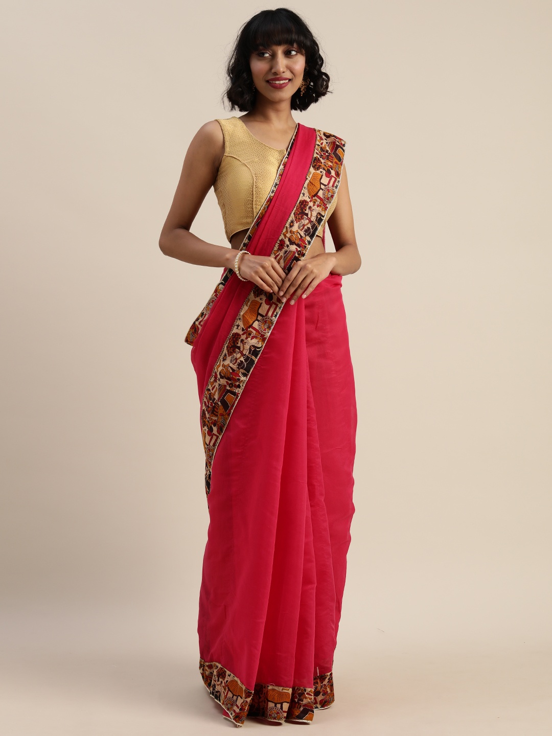 

Silk Bazar Pink Silk Blend Solid Bhagalpuri Saree
