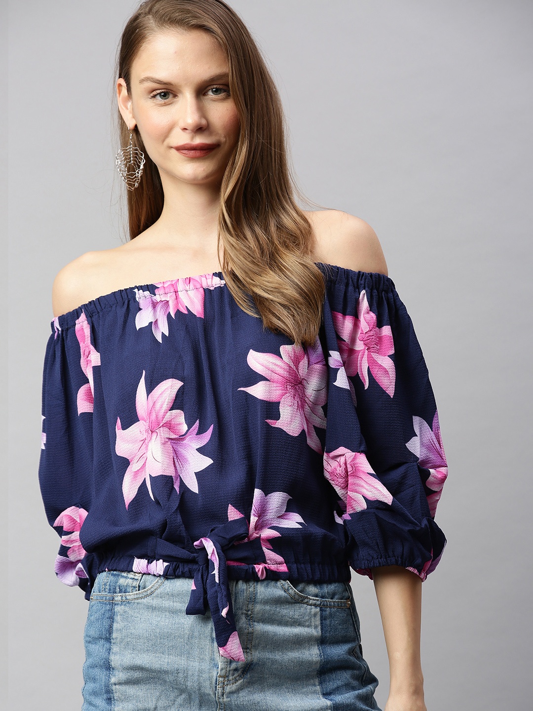 

RHHENSO Women Blue & Pink Printed Cinched Waist Top