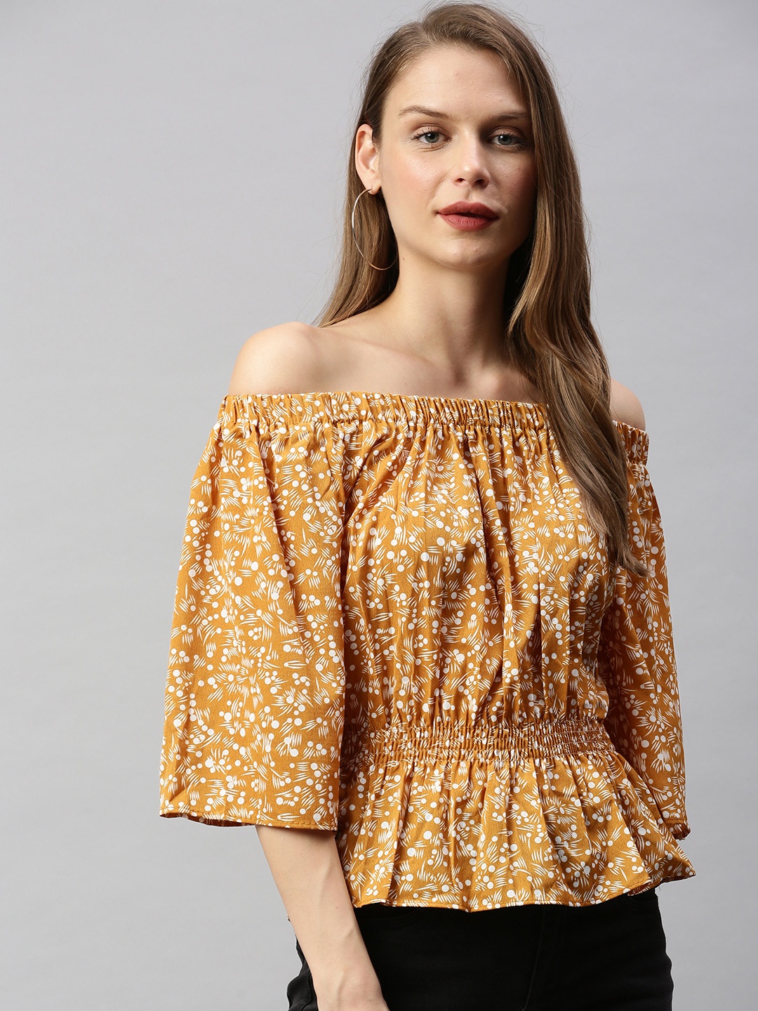 

RHHENSO Women Brown & White Printed Cinched Waist Top