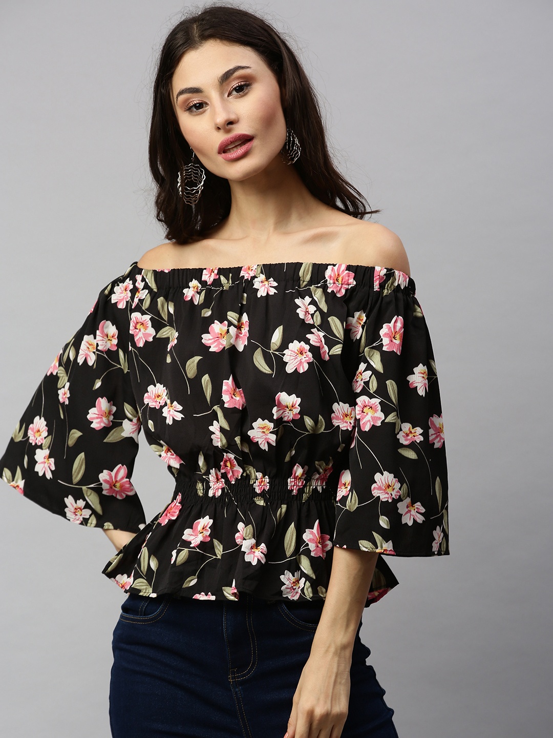 

RHHENSO Women Black & Pink Floral Printed Vegan Smocked Bardot Top