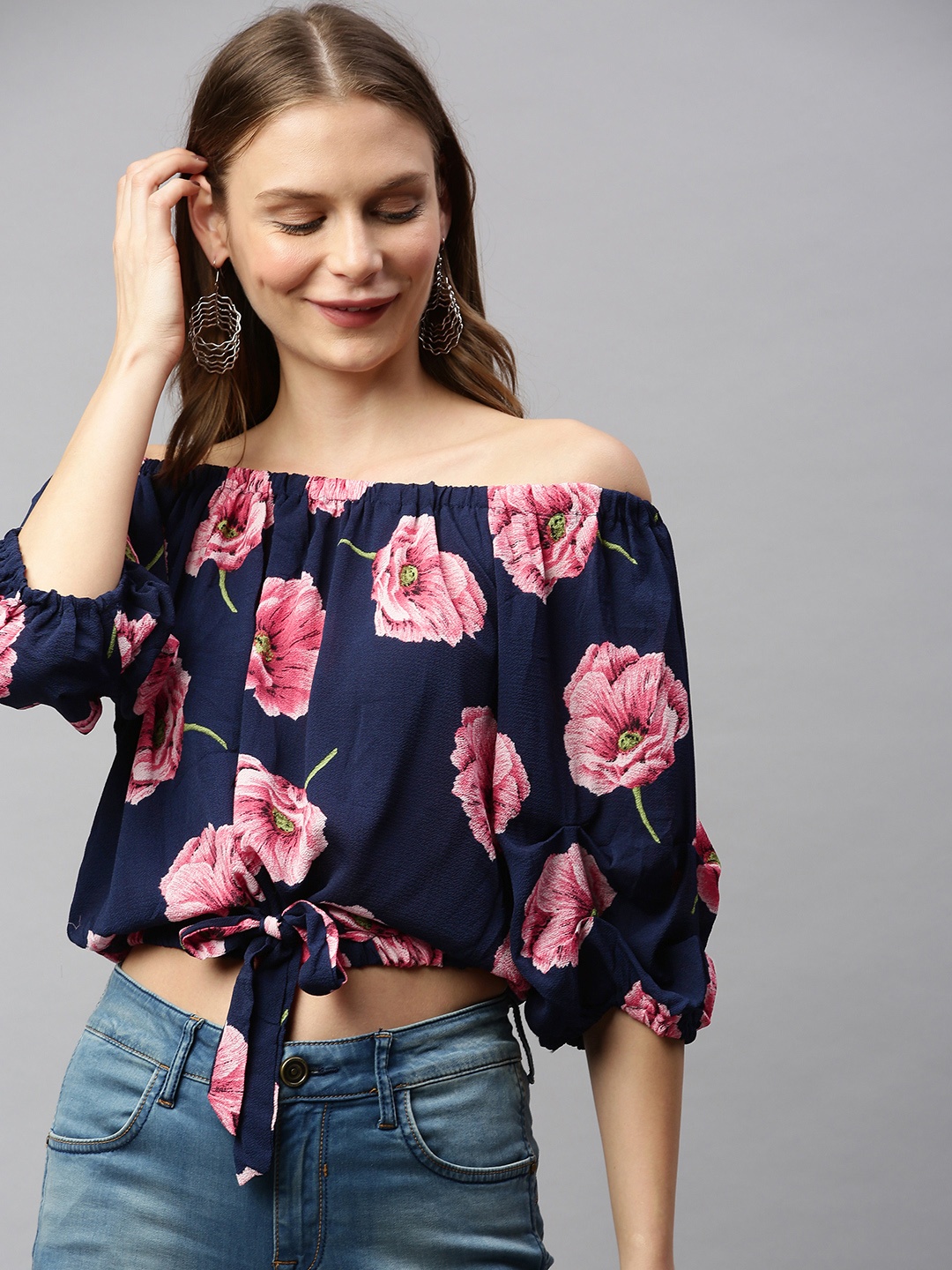 

RHHENSO Women Blue Floral Printed Bardot Top