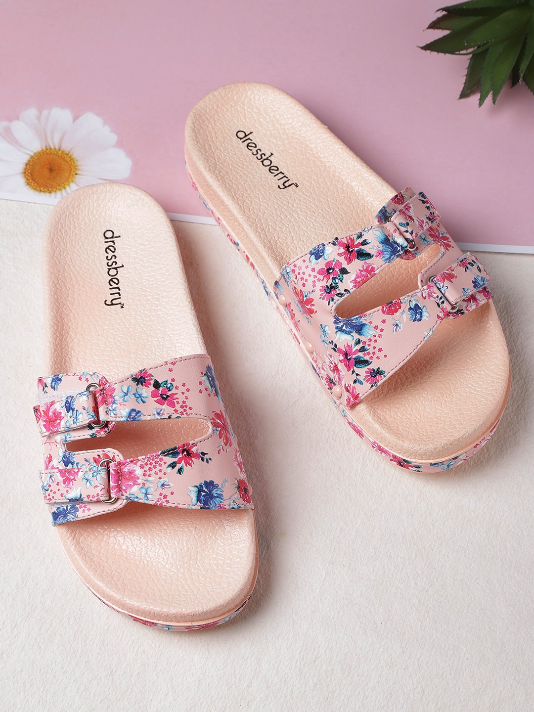 

DressBerry Women Pink & Blue Floral Print Sliders with Cut-Out Detail