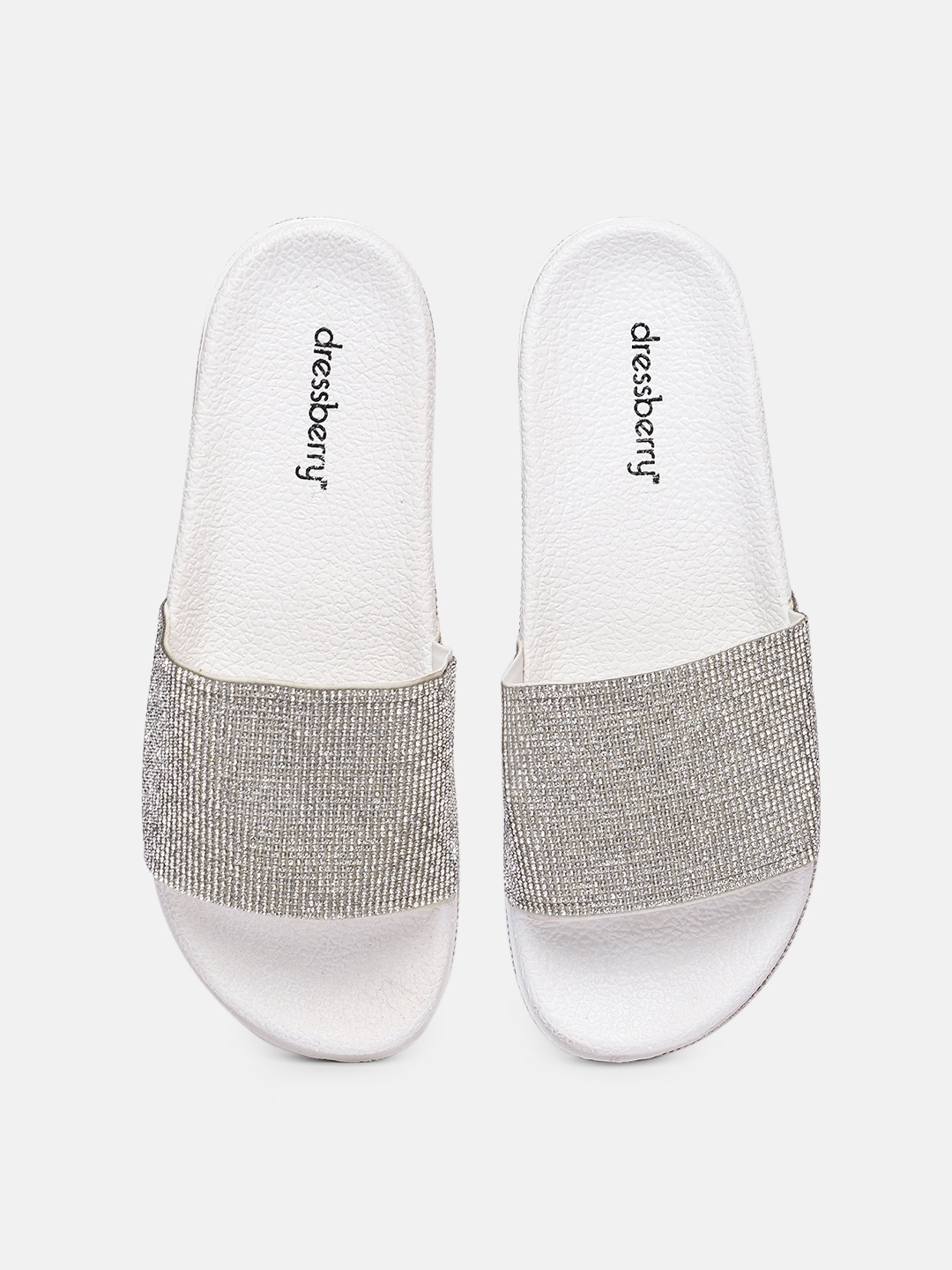 

DressBerry Women Silver-Toned & White Embellished Rubber Sliders