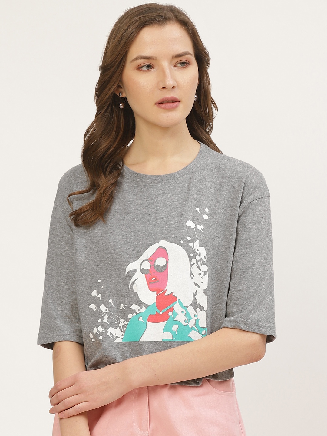 

ANVI Be Yourself Women Grey Melange White Boxy Fit Printed Round Neck Crop Pure Cotton T-shirt