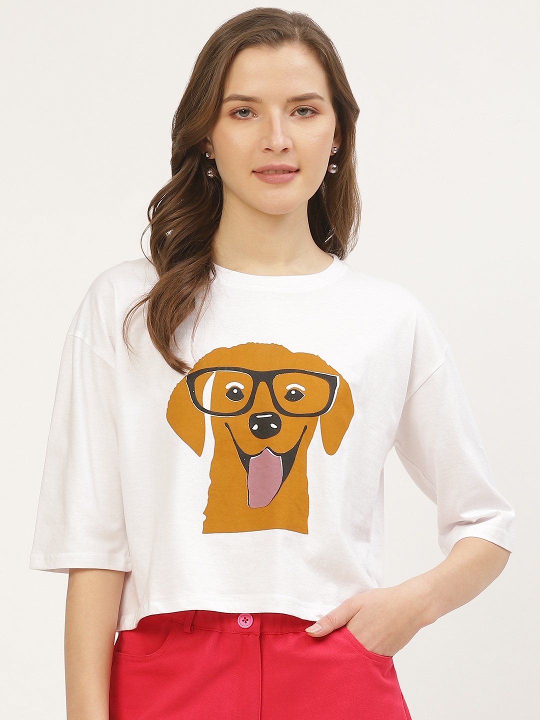 

ANVI Be Yourself Women White Mustard Yellow Dog Printed Round Neck Boxy Crop Pure Cotton T-shirt