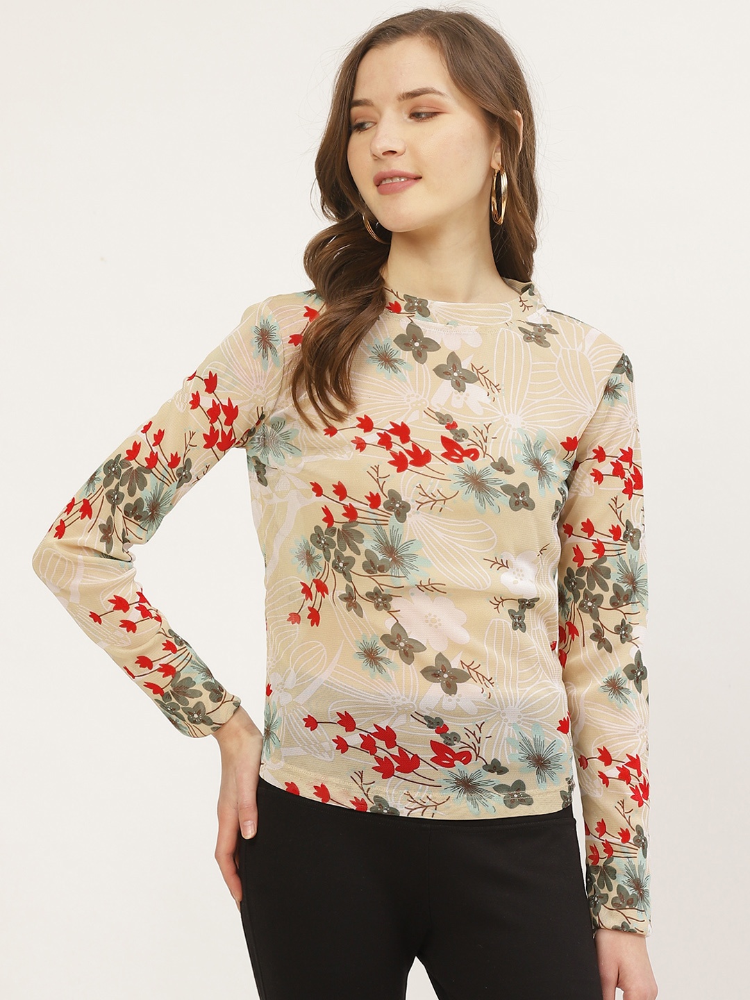

ANVI Be Yourself Women Beige & Red Sheer Floral Print Net Top